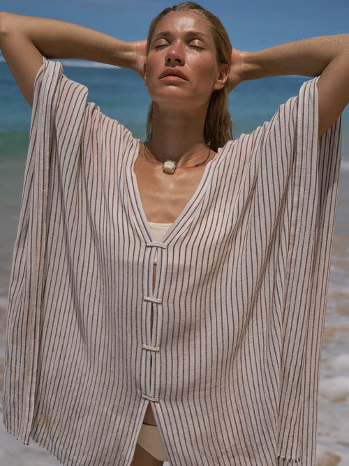 Ava Kimono in Burgundy Stripes – Hand-Loomed Turkish Cotton Beach Kaftan