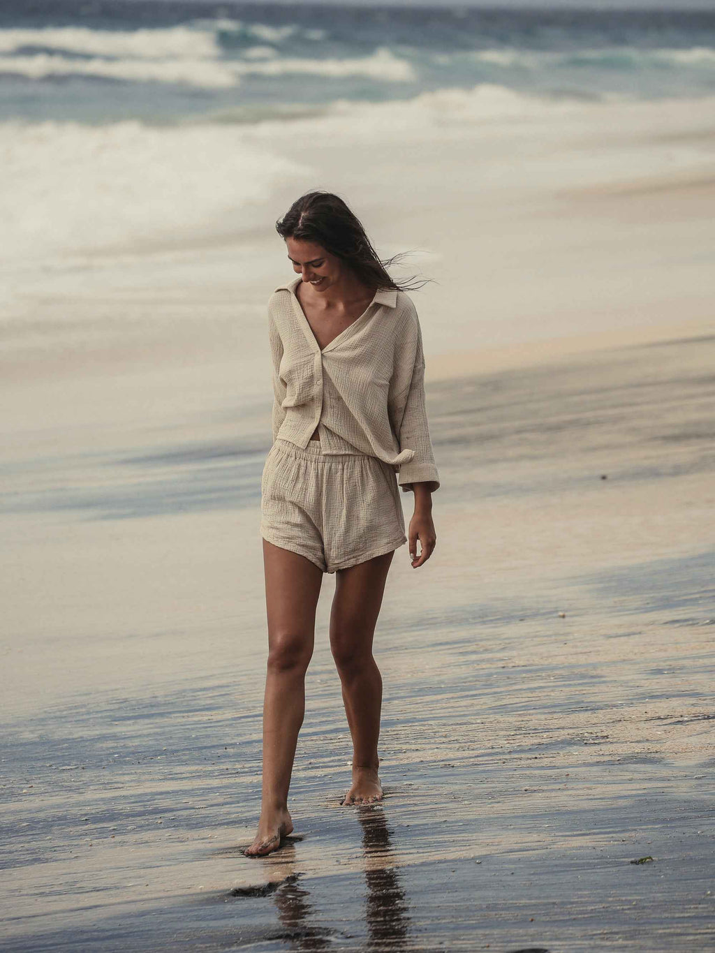 Echo Mini Shirt in Oatmeal - Turkish Handloomed Soft-Crinkle Cotton, One Size Fits Most