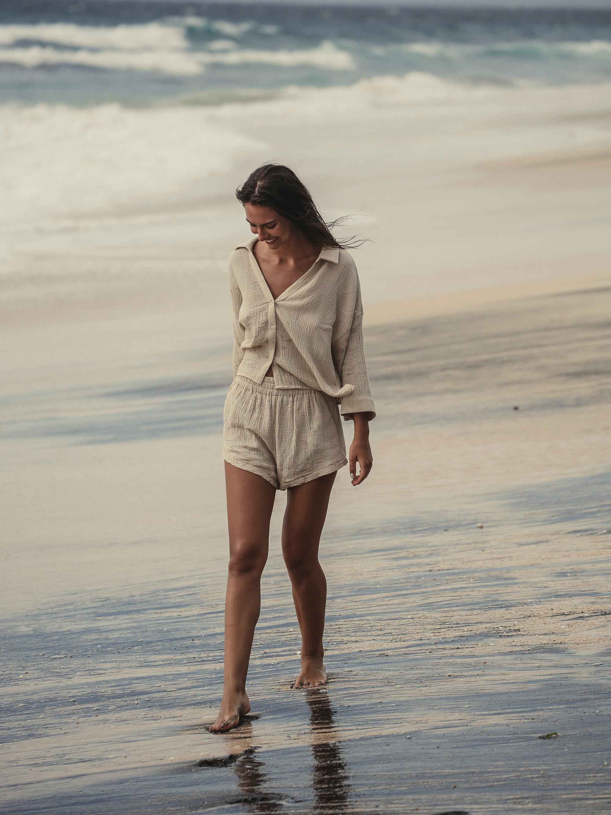 Echo Mini Shirt in Oatmeal - Turkish Handloomed Soft-Crinkle Cotton, One Size Fits Most