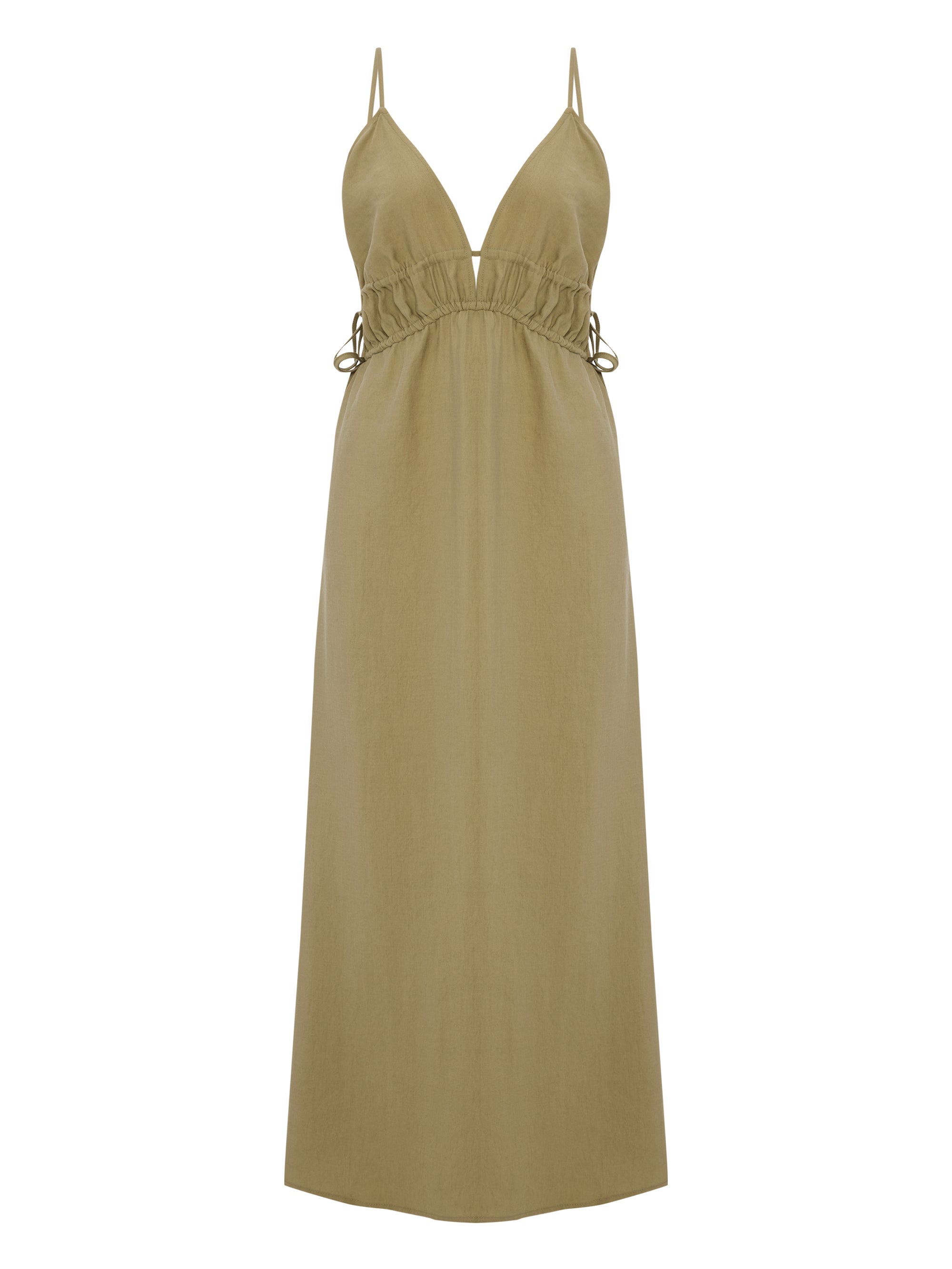 Sofia Tie-Side Khaki Green Maxi Dress in TENCEL™