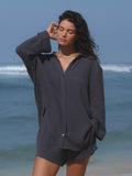 Echo Maxi Set - Navy: Oversized Button-Up Shirt & Elastic Waistband Shorts for Women and Men