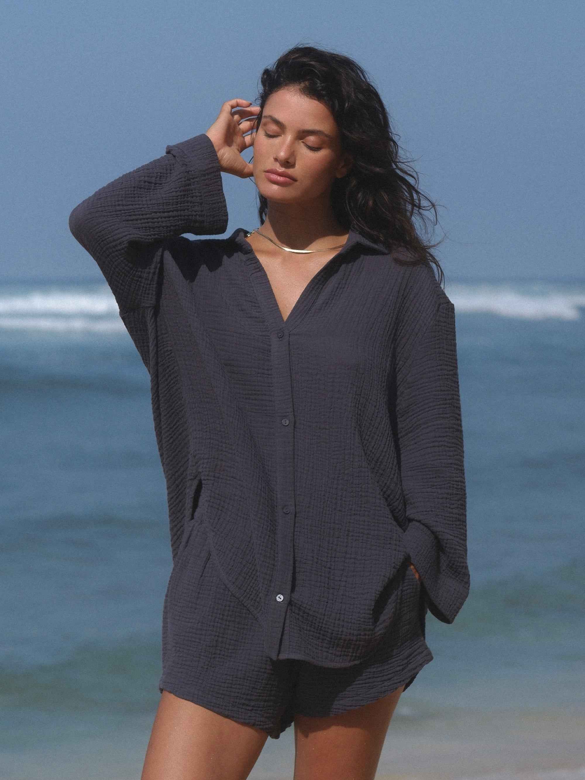 Echo Maxi Set - Navy: Oversized Button-Up Shirt & Elastic Waistband Shorts for Women and Men