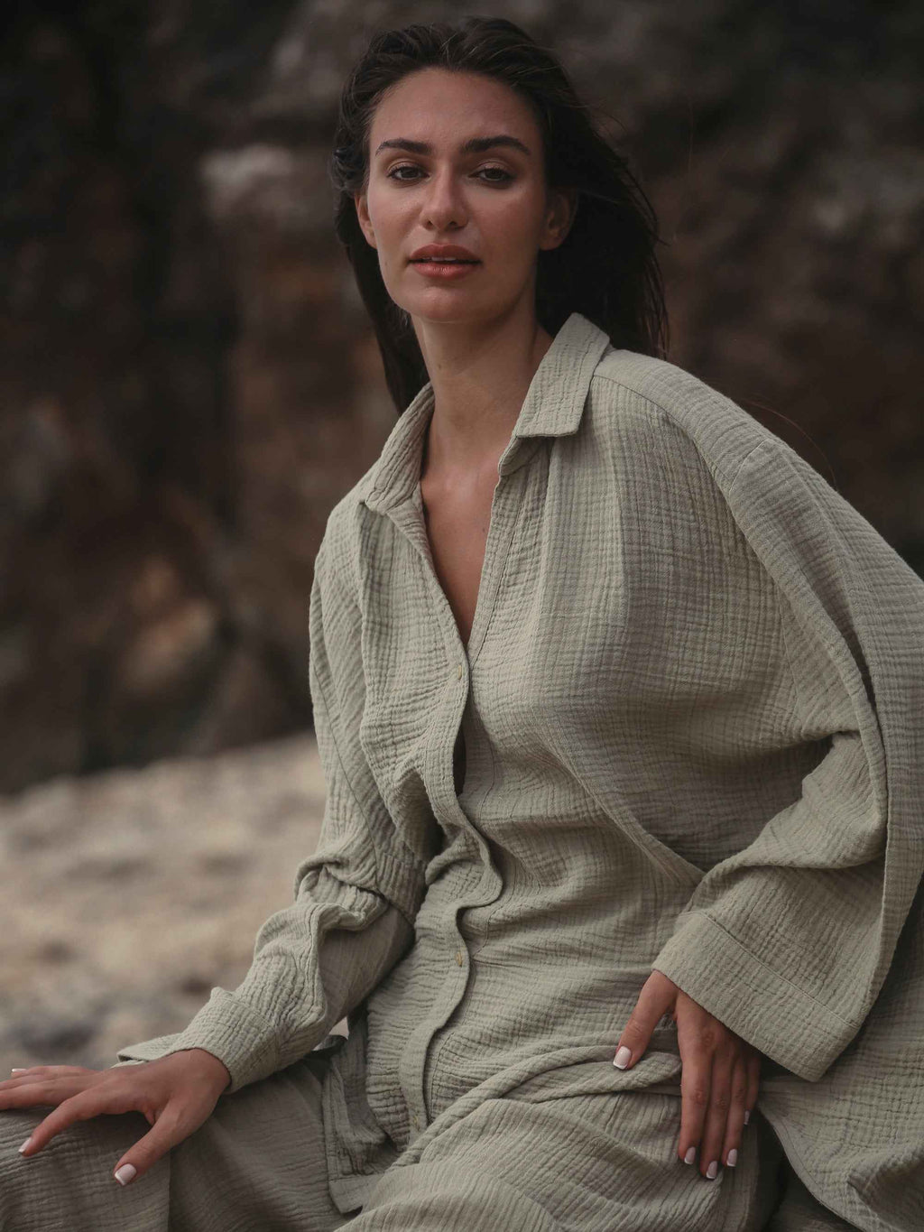 Echo Maxi Shirt Dress in Khaki Green – Lightweight 100% Turkish Cotton with Button-Down Collar, Relaxed Fit, Below Hip Length