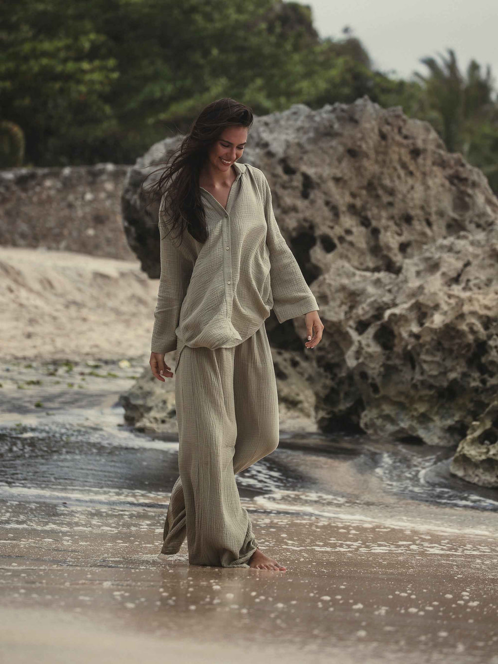 Echo Maxi Shirt Dress in Khaki Green – Lightweight 100% Turkish Cotton with Button-Down Collar, Relaxed Fit, Below Hip Length