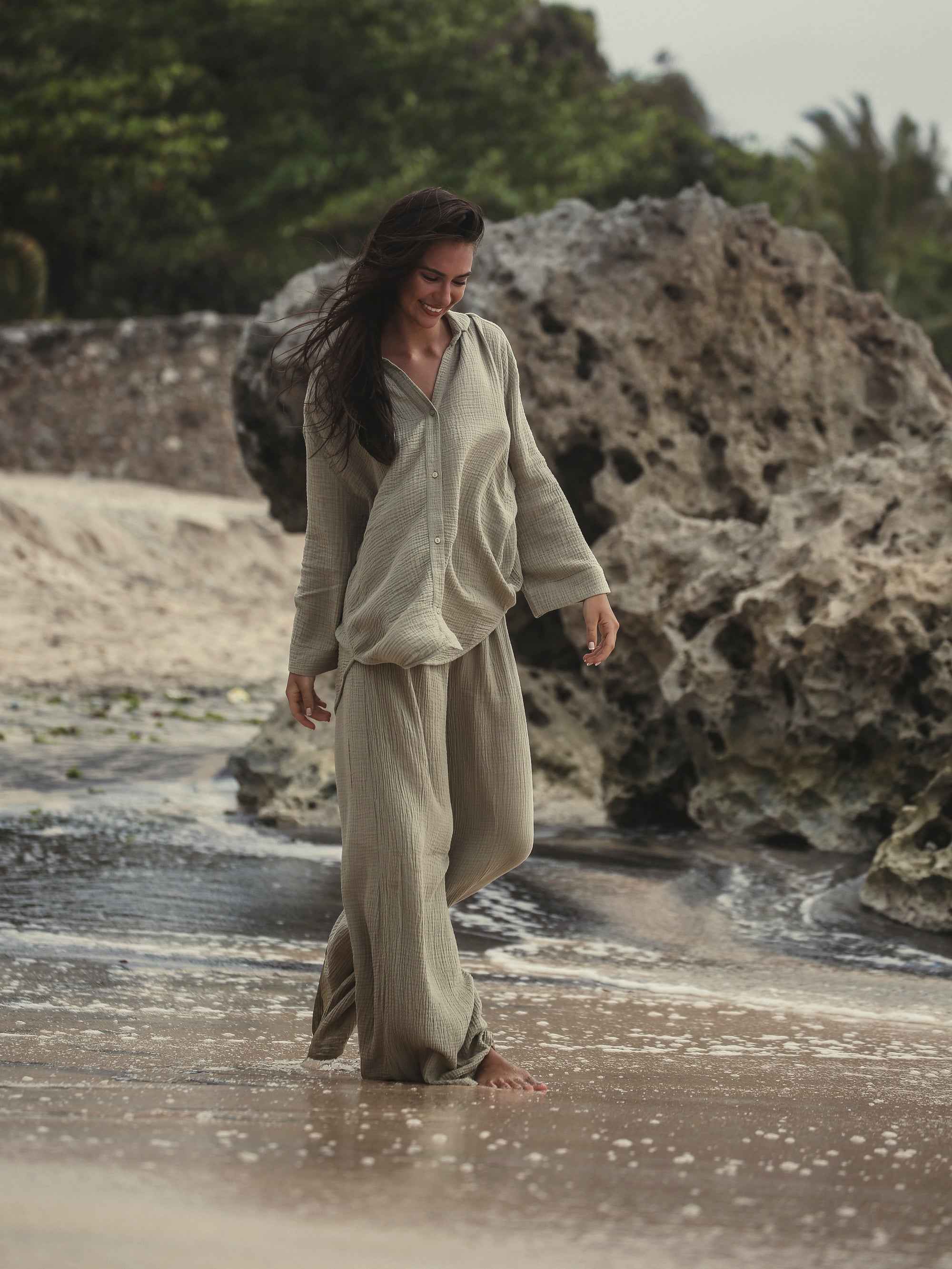 Echo Maxi Shirt Dress in Khaki Green – Lightweight 100% Turkish Cotton with Button-Down Collar, Relaxed Fit, Below Hip Length