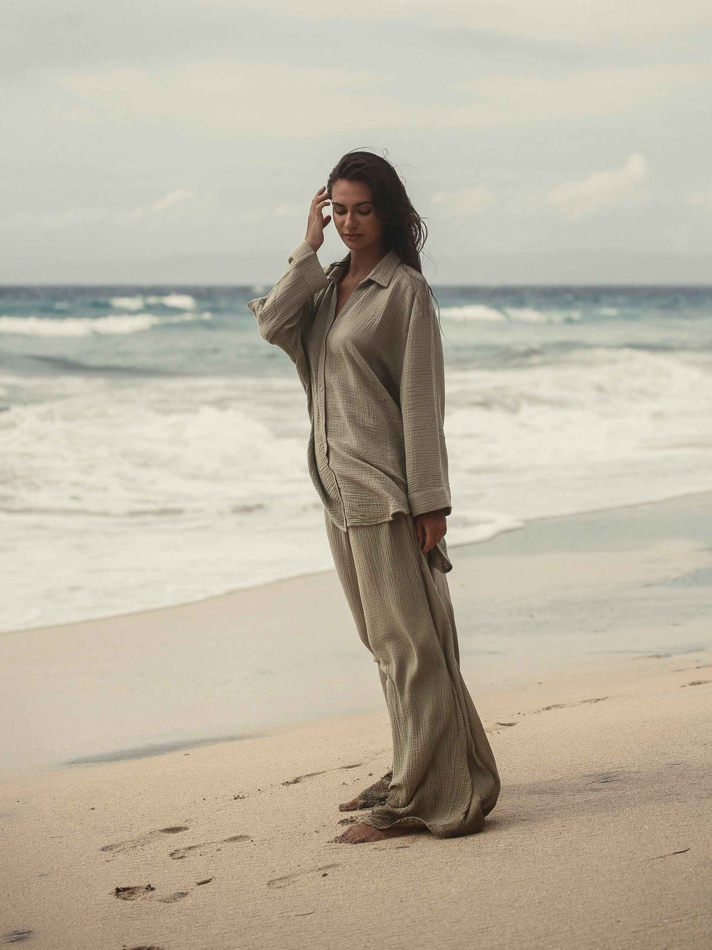 Echo Maxi Shirt Dress in Khaki Green – Lightweight 100% Turkish Cotton with Button-Down Collar, Relaxed Fit, Below Hip Length