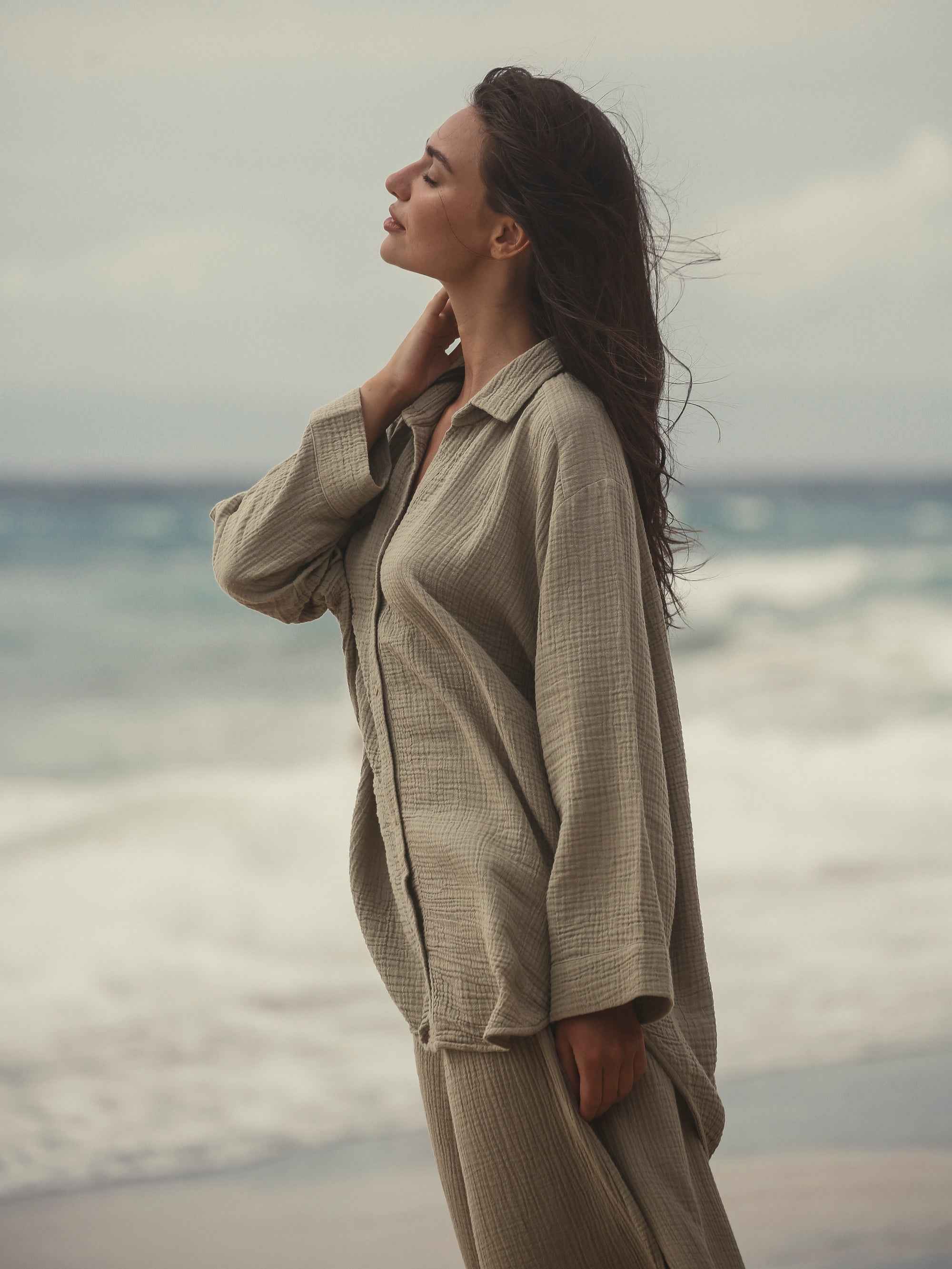 Echo Maxi Shirt Dress in Khaki Green – Lightweight 100% Turkish Cotton with Button-Down Collar, Relaxed Fit, Below Hip Length