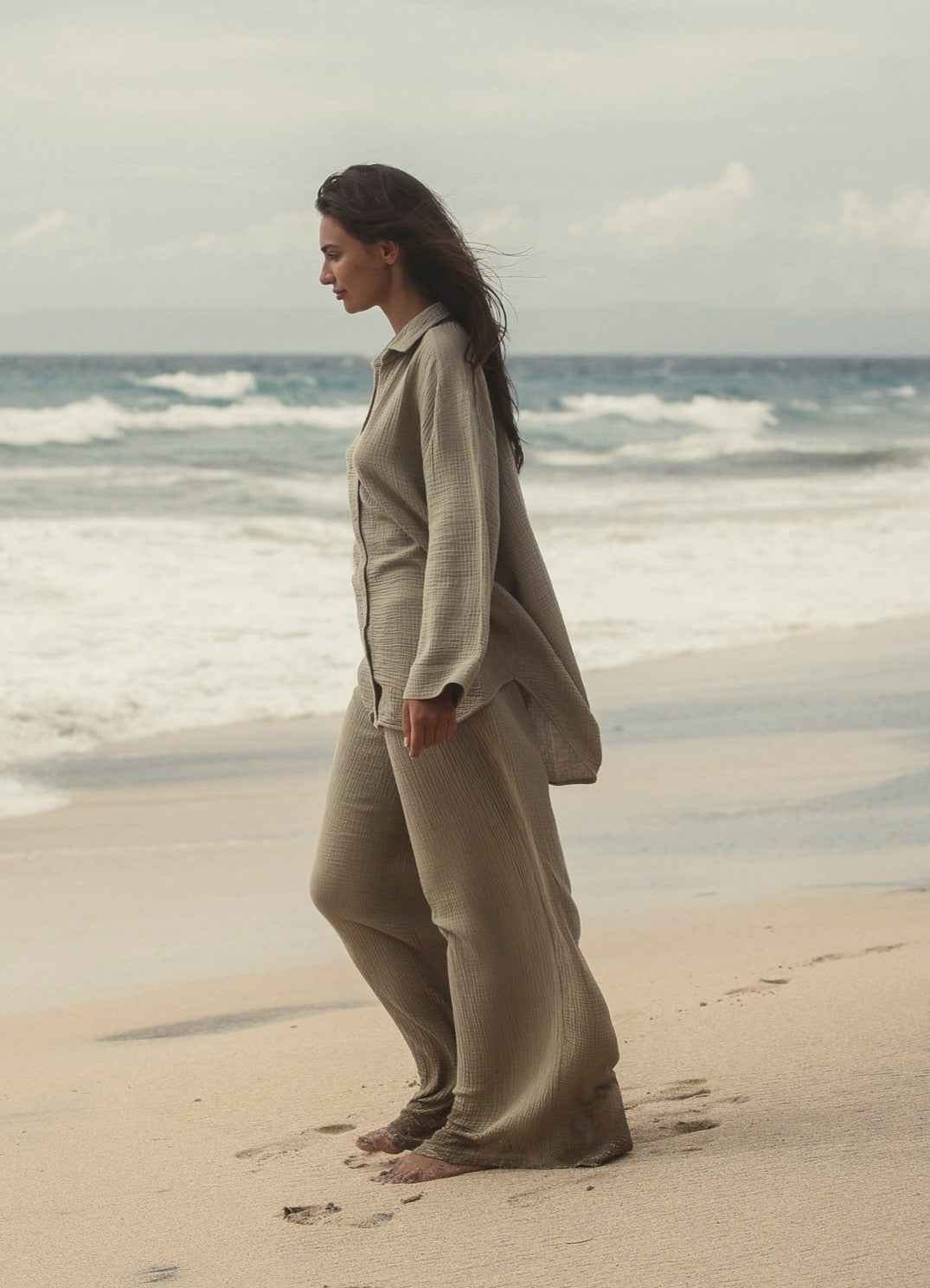 Echo Maxi Shirt Dress in Khaki Green – Lightweight 100% Turkish Cotton with Button-Down Collar, Relaxed Fit, Below Hip Length