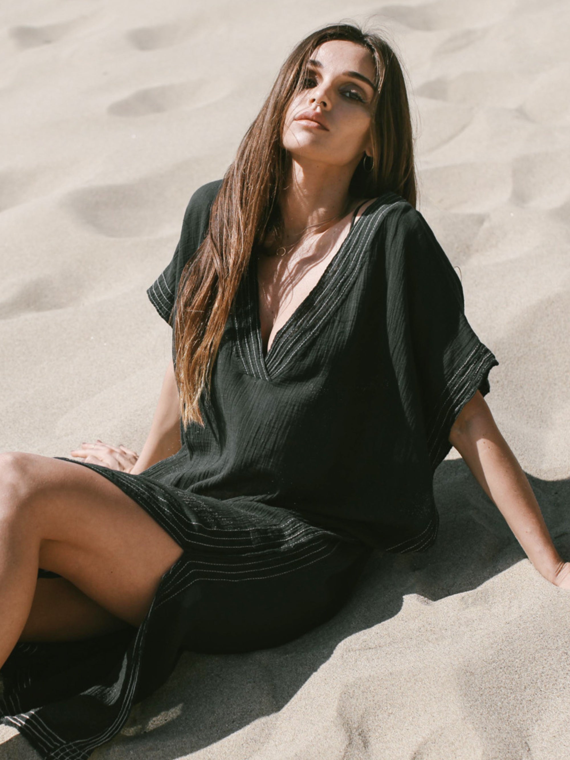 Ela Black Cotton Gauze Kaftan – One Size, Lightweight Turkish Cotton Cover-Up