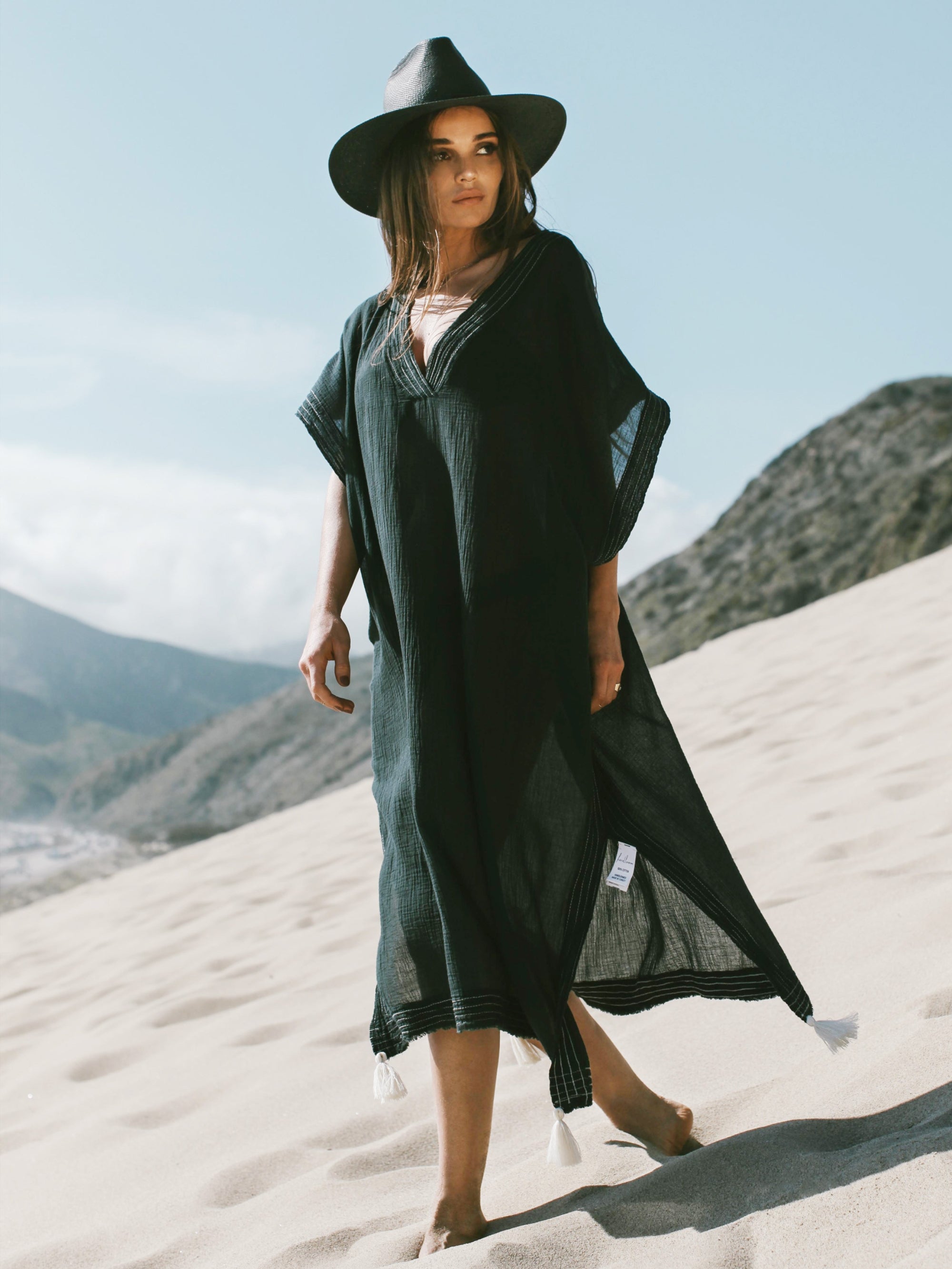 Ela Black Cotton Gauze Kaftan – One Size, Lightweight Turkish Cotton Cover-Up