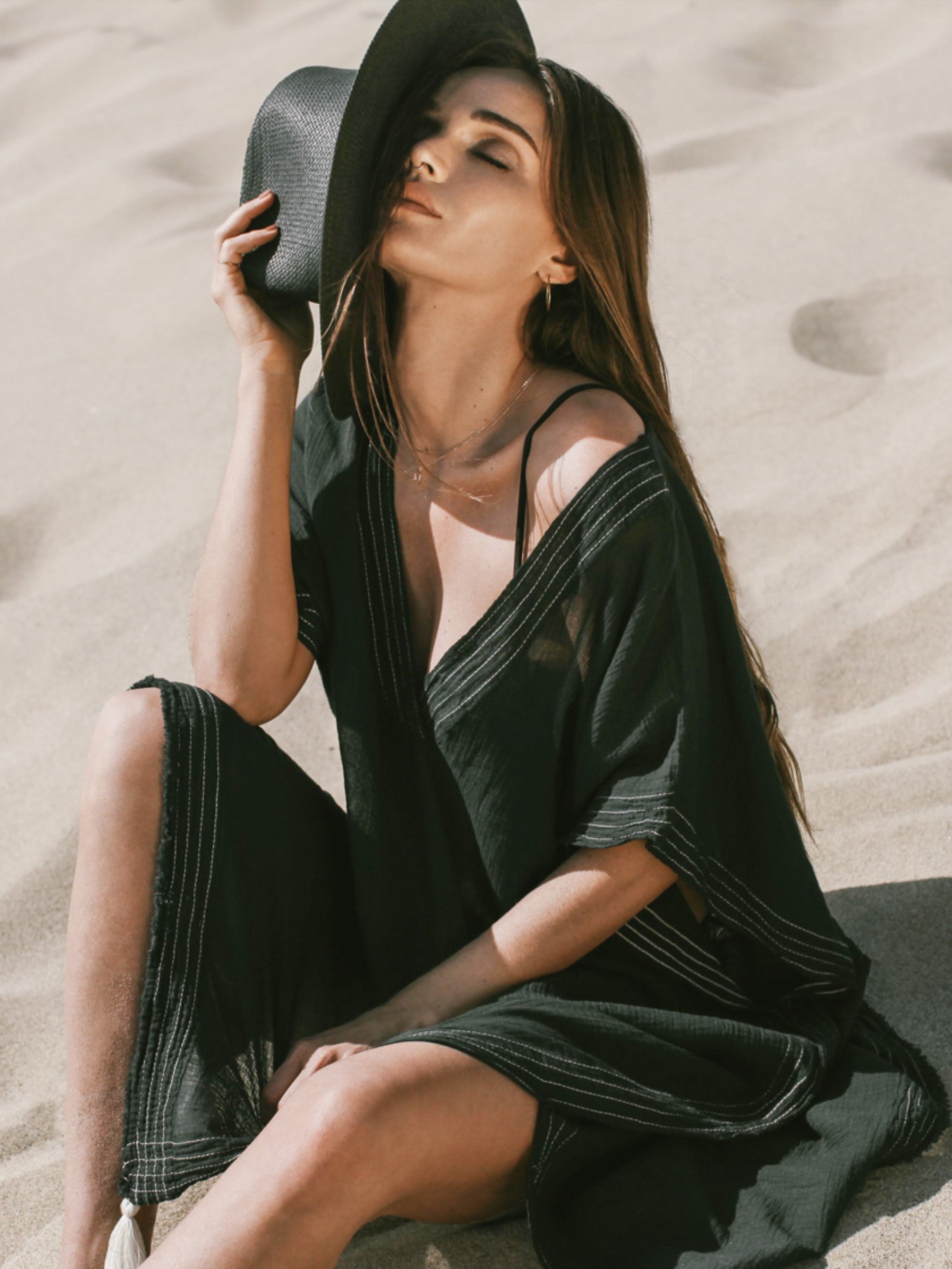 Ela Black Cotton Gauze Kaftan – One Size, Lightweight Turkish Cotton Cover-Up