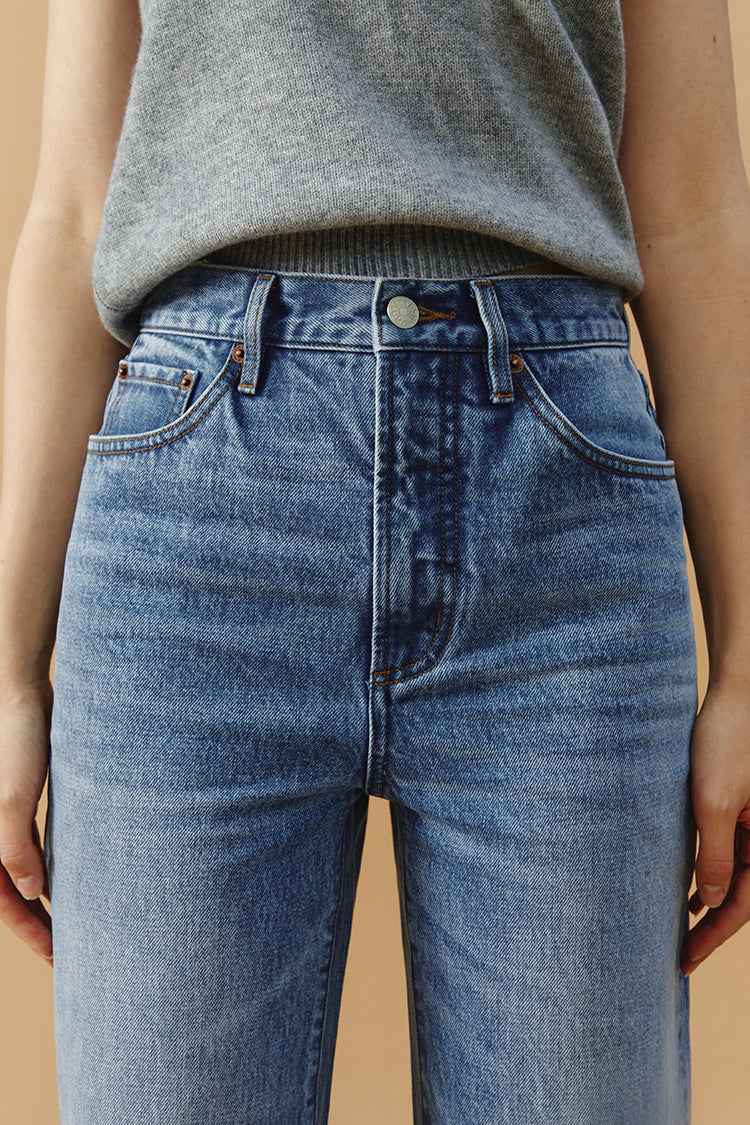 Brooklyn High-Rise Jeans Model HJ001 - Mid-Weight 100% Turkish Cotton Denim with Straight Full-Length Legs, Button and Zip Closure