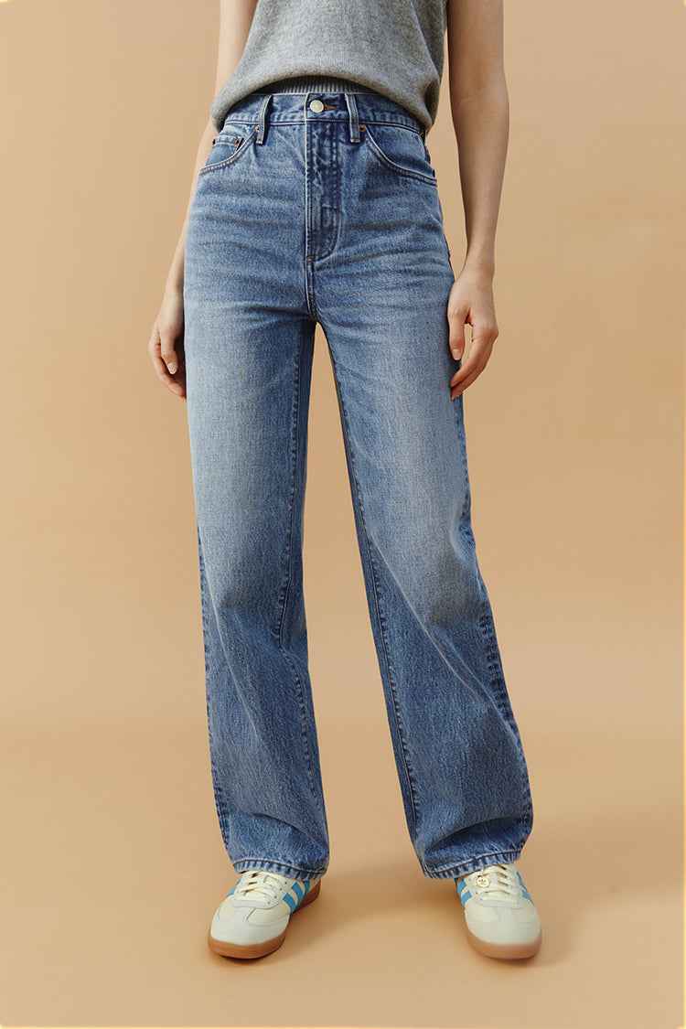 Brooklyn High-Rise Jeans Model HJ001 - Mid-Weight 100% Turkish Cotton Denim with Straight Full-Length Legs, Button and Zip Closure