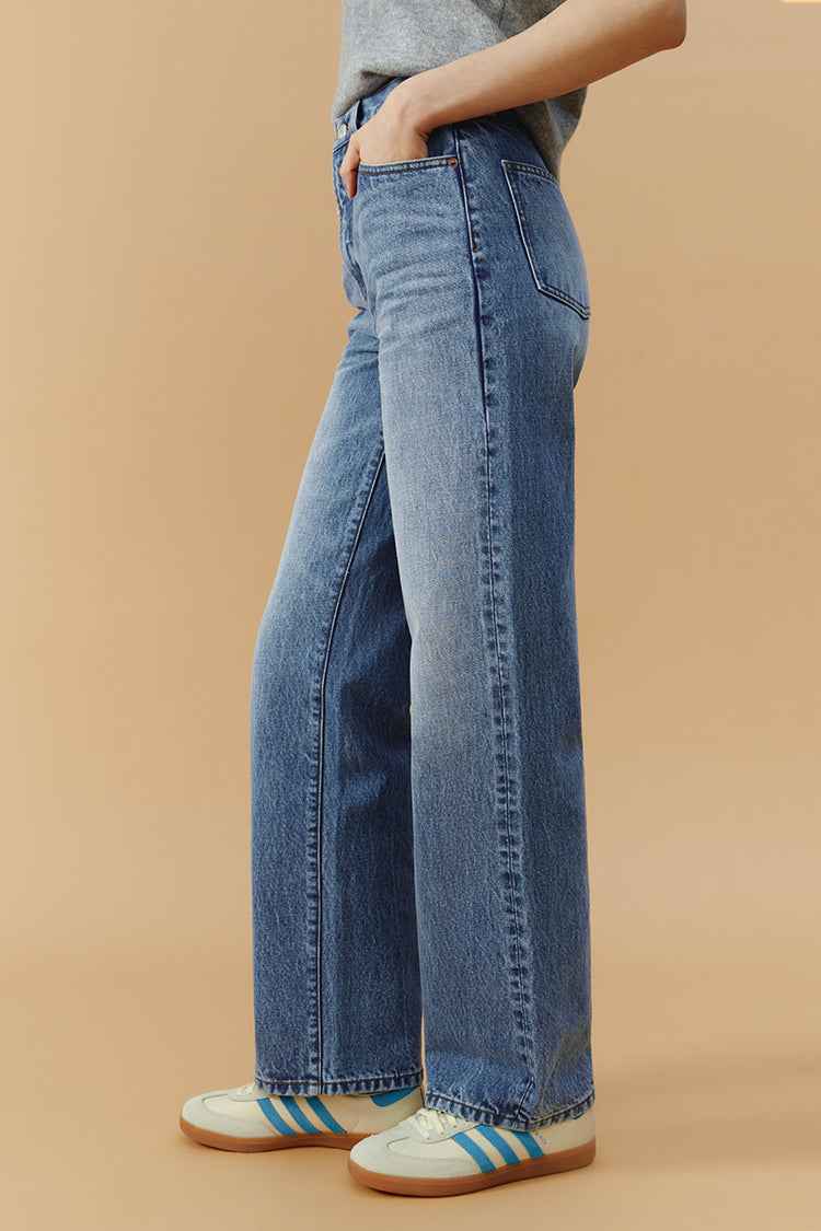 Brooklyn High-Rise Jeans Model HJ001 - Mid-Weight 100% Turkish Cotton Denim with Straight Full-Length Legs, Button and Zip Closure