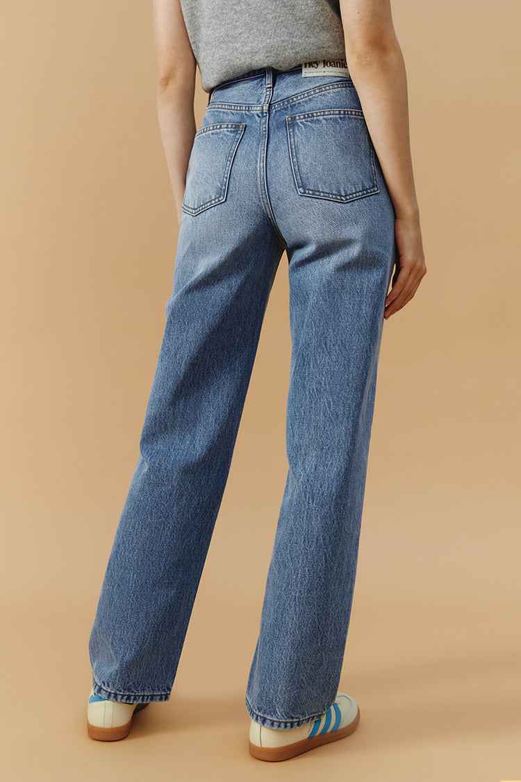 Brooklyn High-Rise Jeans Model HJ001 - Mid-Weight 100% Turkish Cotton Denim with Straight Full-Length Legs, Button and Zip Closure