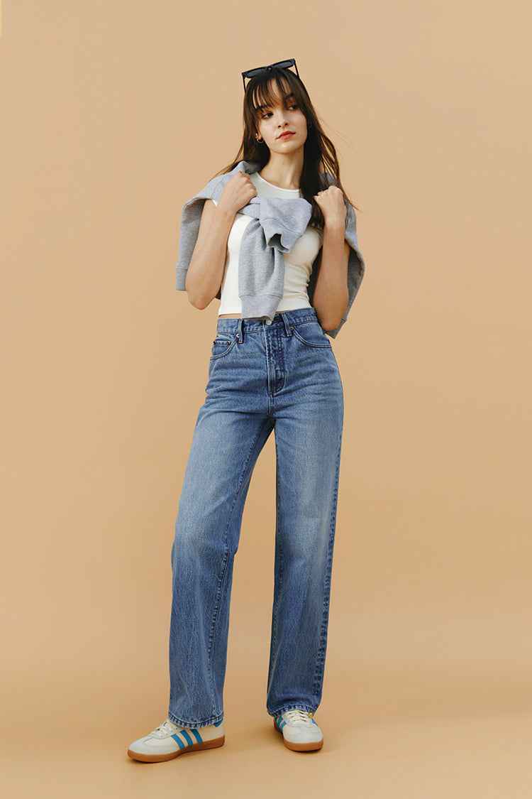 Brooklyn High-Rise Jeans Model HJ001 - Mid-Weight 100% Turkish Cotton Denim with Straight Full-Length Legs, Button and Zip Closure