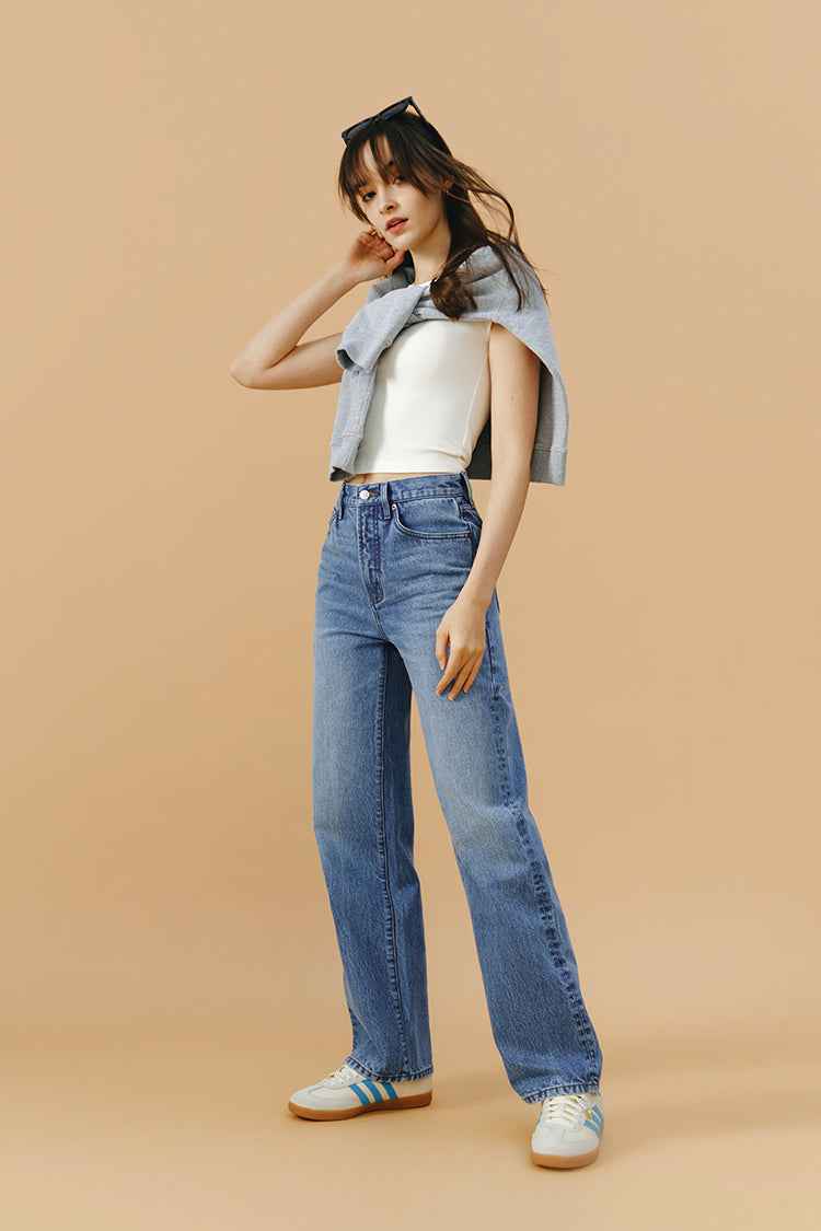 Brooklyn High-Rise Jeans Model HJ001 - Mid-Weight 100% Turkish Cotton Denim with Straight Full-Length Legs, Button and Zip Closure