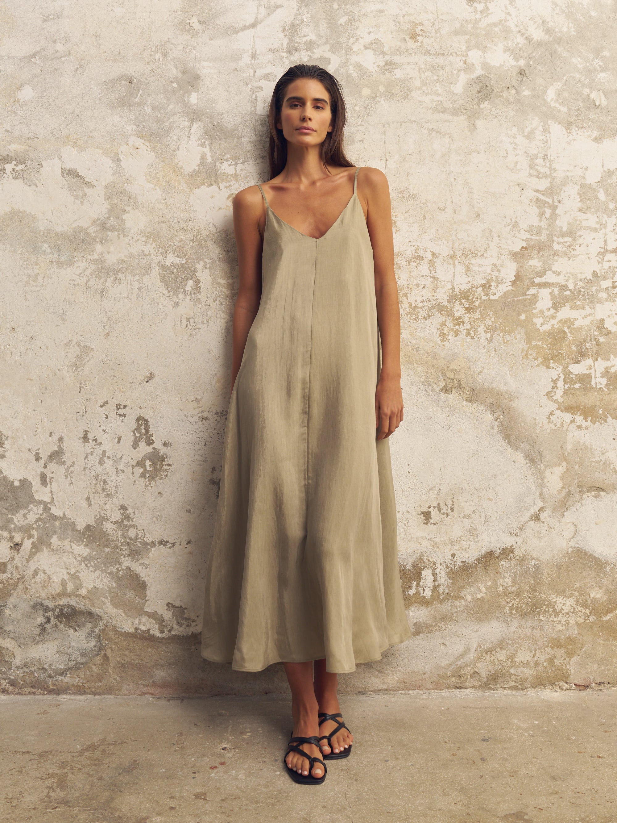 Lucid Flow Khaki Green Maxi Dress with Open Back and Adjustable Straps