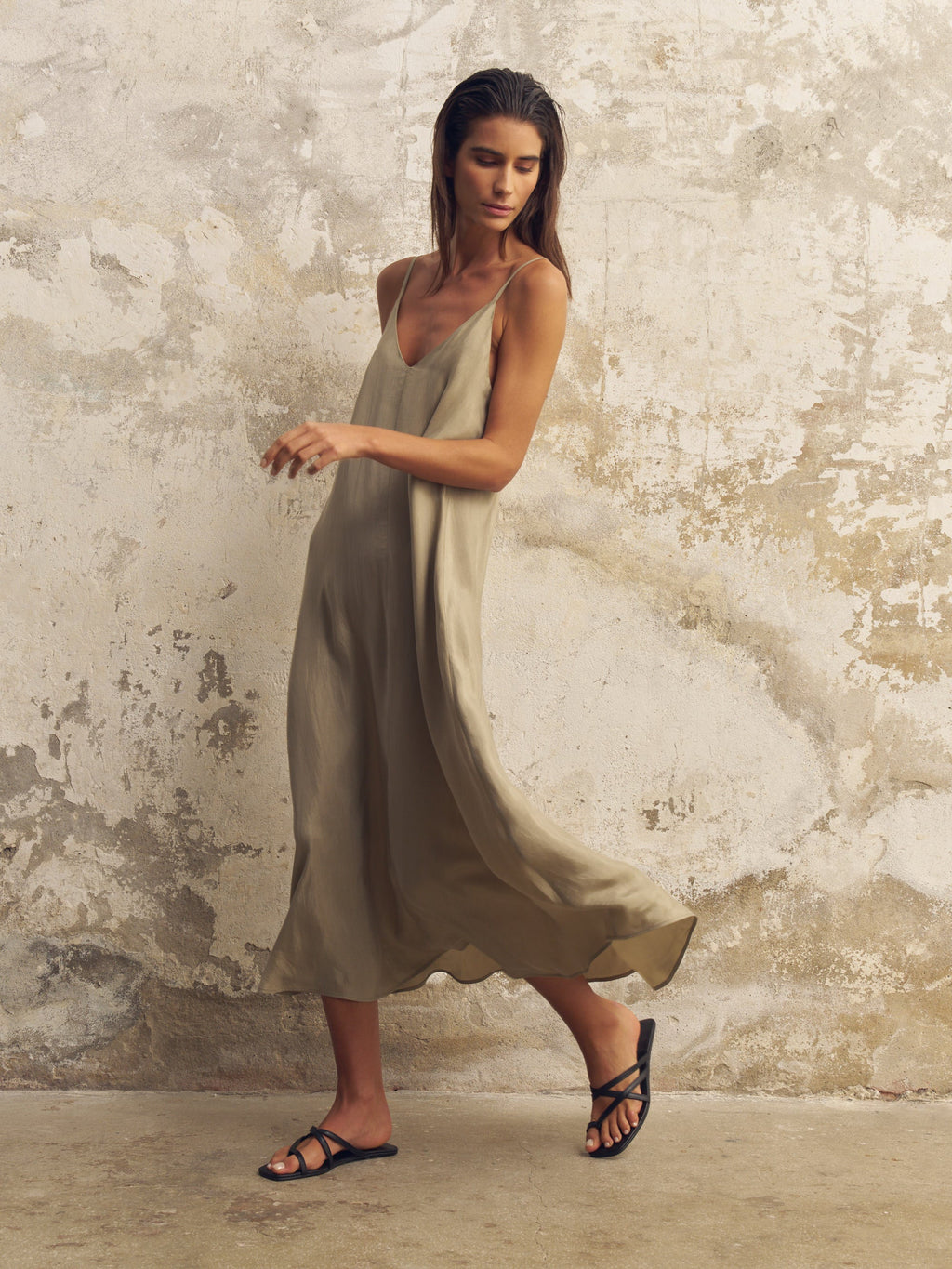 Lucid Flow Khaki Green Maxi Dress with Open Back and Adjustable Straps
