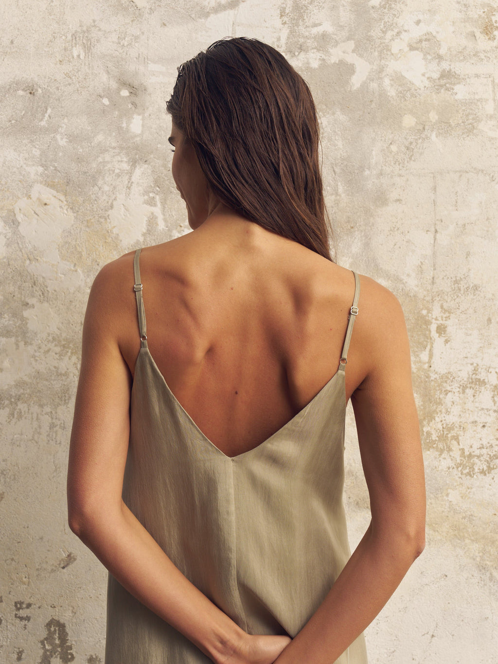 Lucid Flow Khaki Green Maxi Dress with Open Back and Adjustable Straps