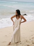 Lucid Flow Sand Maxi Dress – Voluminous Summer Style with Open Back