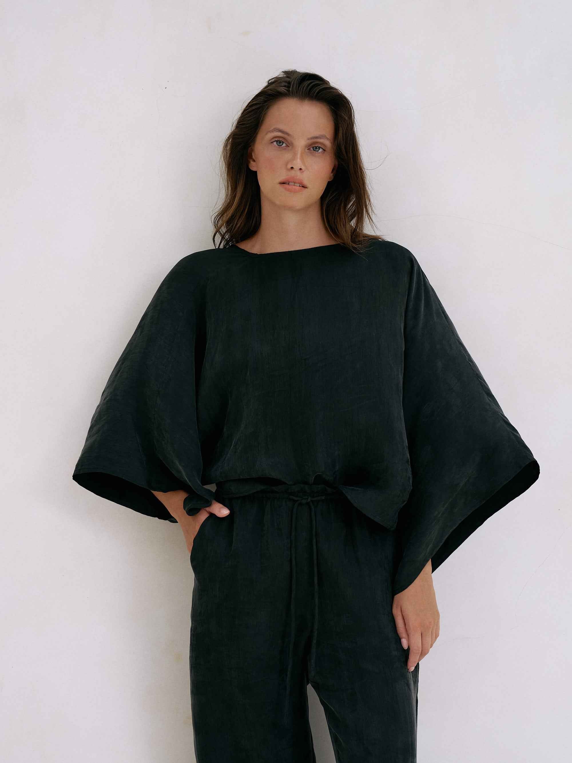 Lucid Knot Top in Black - Wide Sleeve, Twist Front Detail, Premium TENCEL™ Luxe & ECOVISCOSE Fabric, One Size