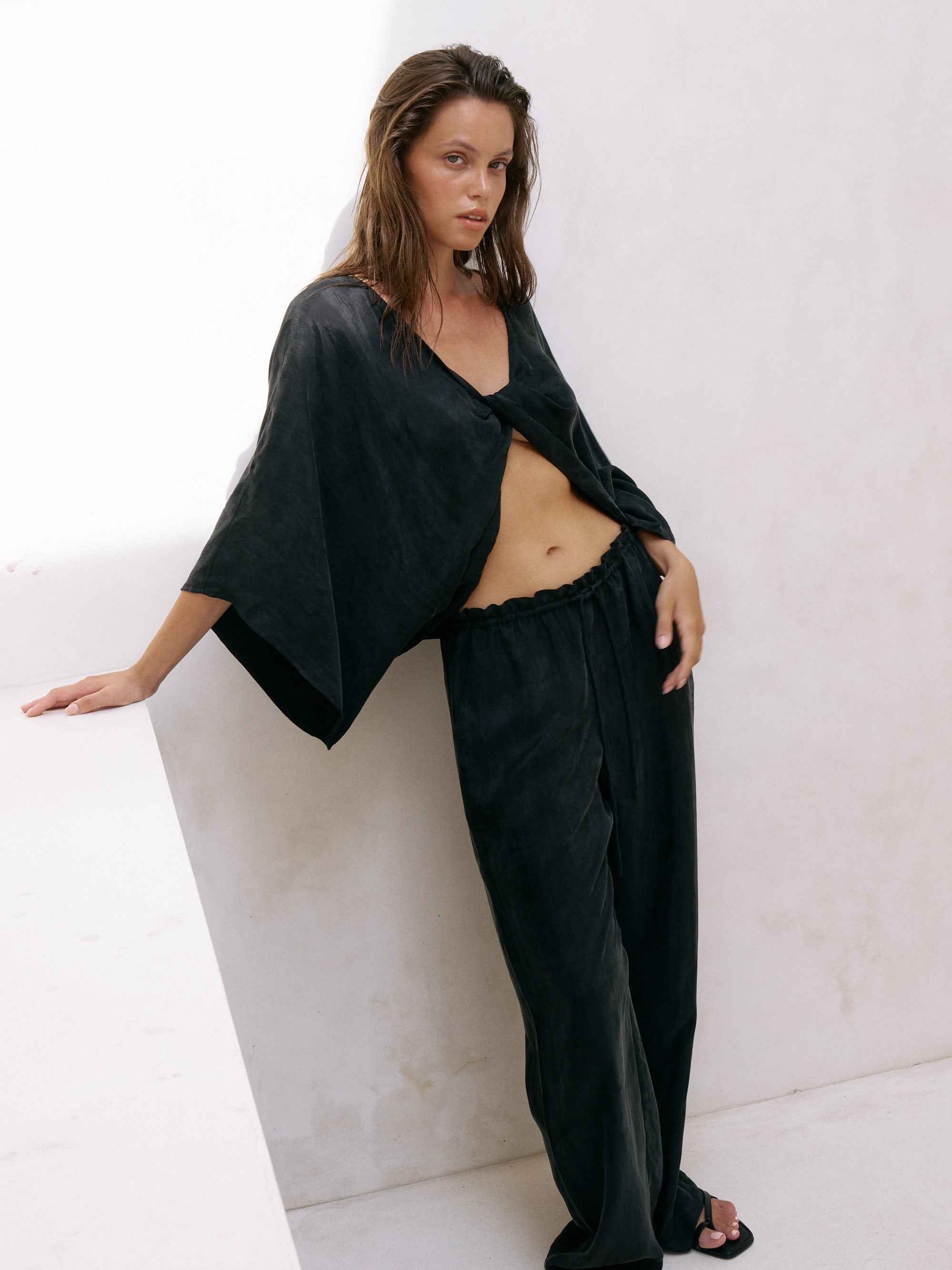 Lucid Knot Top in Black - Wide Sleeve, Twist Front Detail, Premium TENCEL™ Luxe & ECOVISCOSE Fabric, One Size
