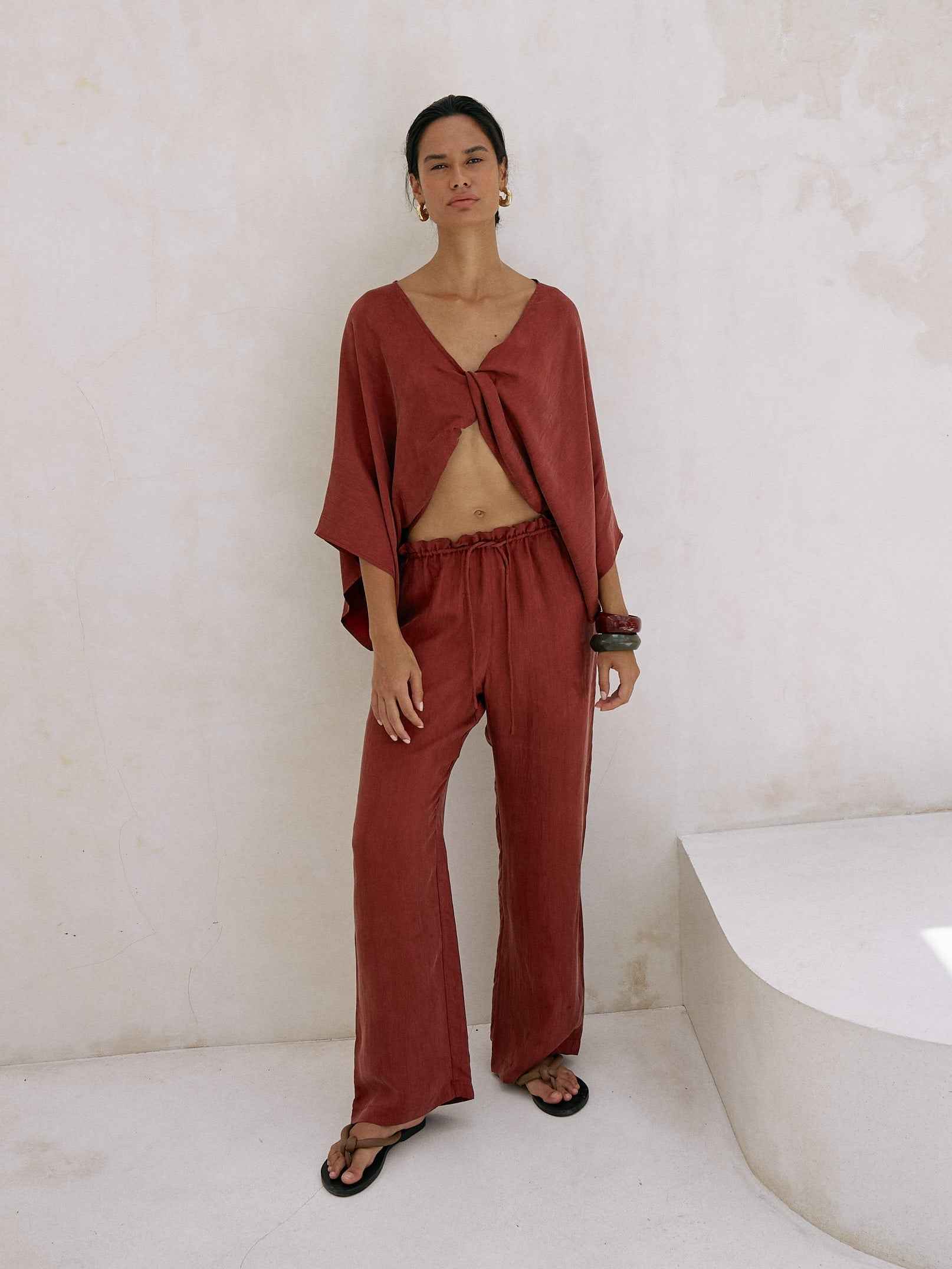 Lucid Flow Tie Pants in Burgundy with Adjustable Waist and Wide Leg Silhouette