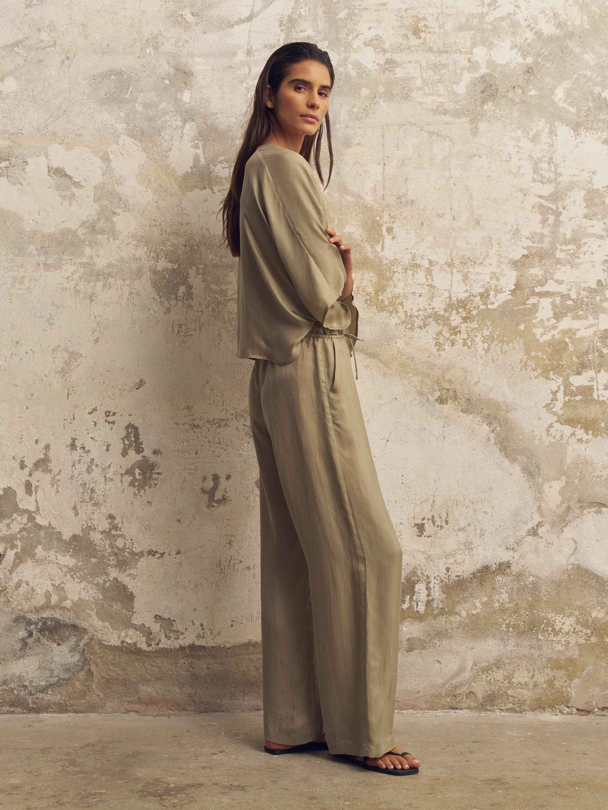 Lucid Flow Tie Pants in Khaki Green - Mid-Rise Wide-Leg TENCEL™ Luxe and ECOVISCOSE Fabric with Adjustable Drawstring Waist and Side Pockets