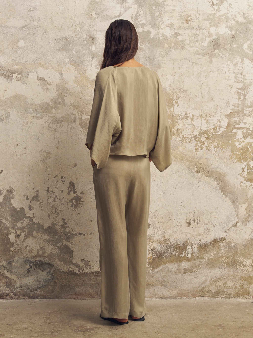 Lucid Flow Tie Pants in Khaki Green - Mid-Rise Wide-Leg TENCEL™ Luxe and ECOVISCOSE Fabric with Adjustable Drawstring Waist and Side Pockets
