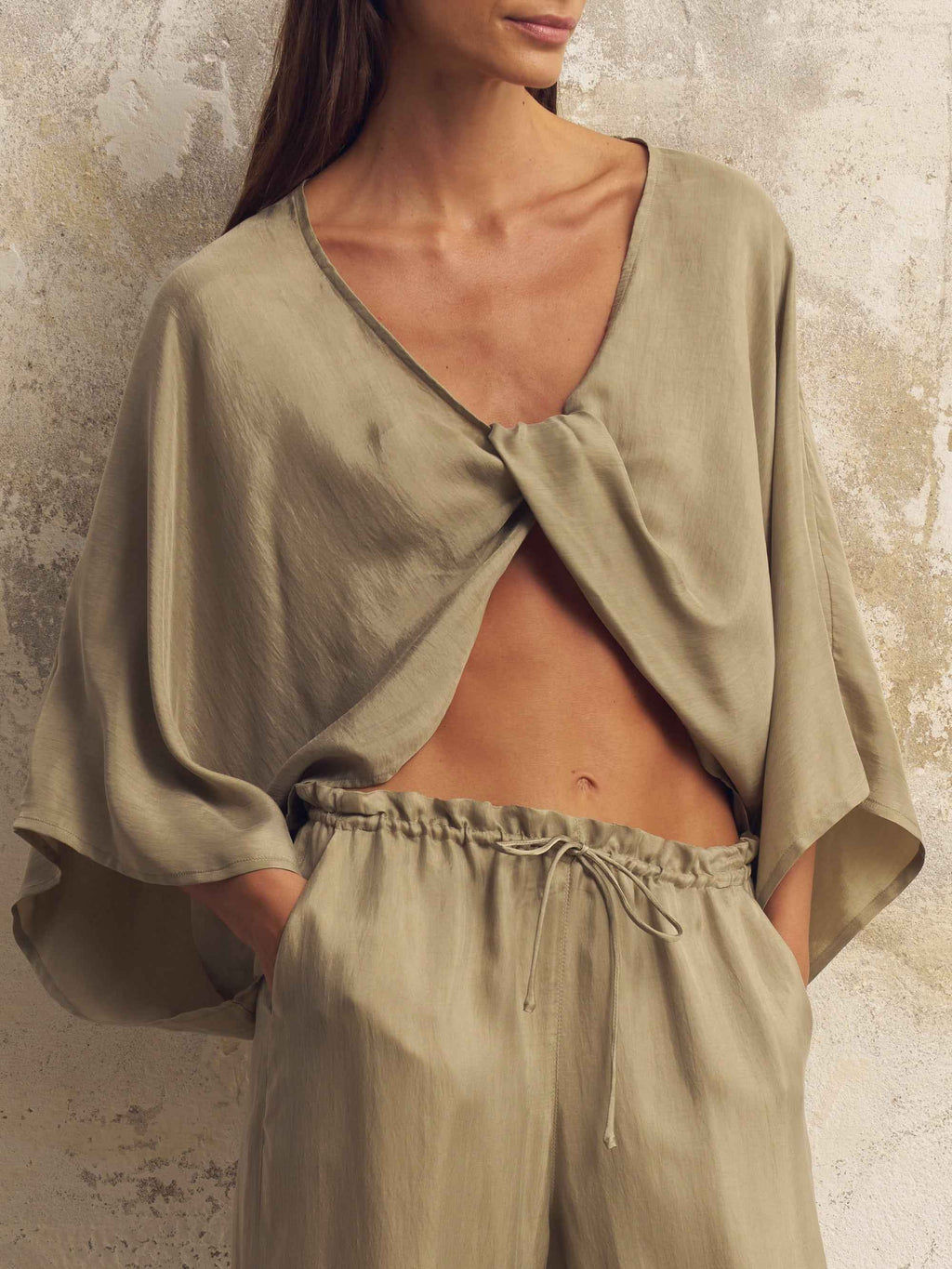 Lucid Flow Tie Pants in Khaki Green - Mid-Rise Wide-Leg TENCEL™ Luxe and ECOVISCOSE Fabric with Adjustable Drawstring Waist and Side Pockets