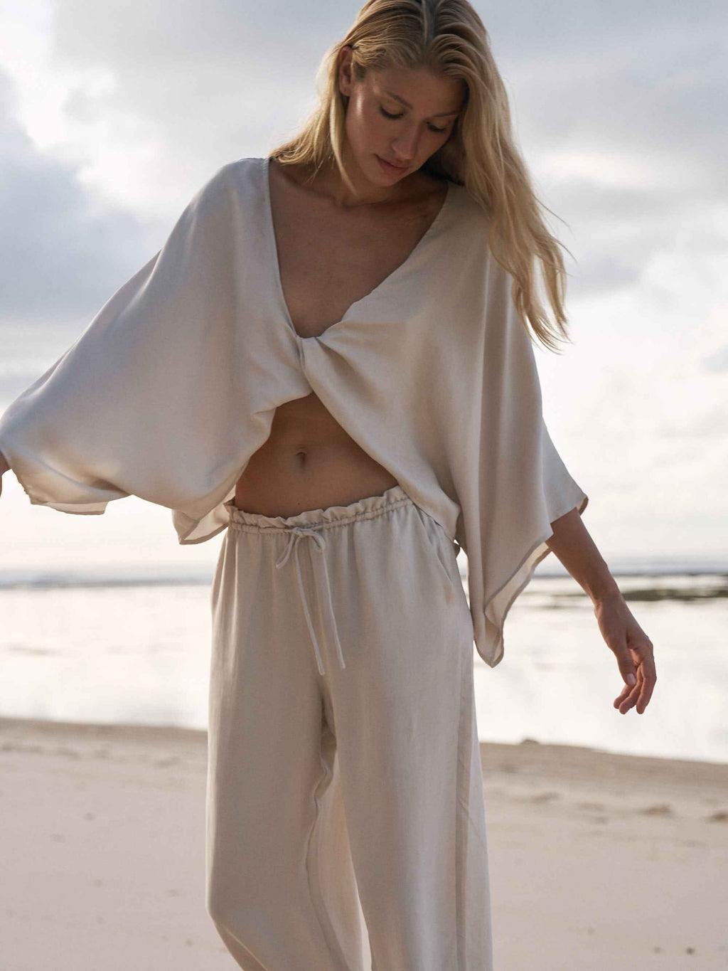 Lucid Knot Top in Sand - Wide-Sleeve Elegant Twist-Front Blouse