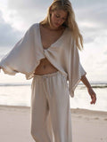 Lucid Knot Top in Sand - Wide-Sleeve Elegant Twist-Front Blouse