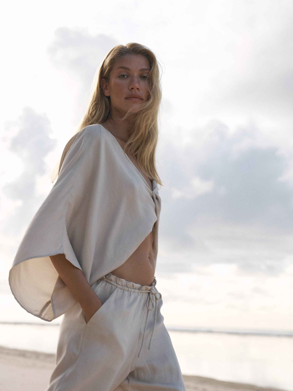 Lucid Knot Top in Sand - Wide-Sleeve Elegant Twist-Front Blouse