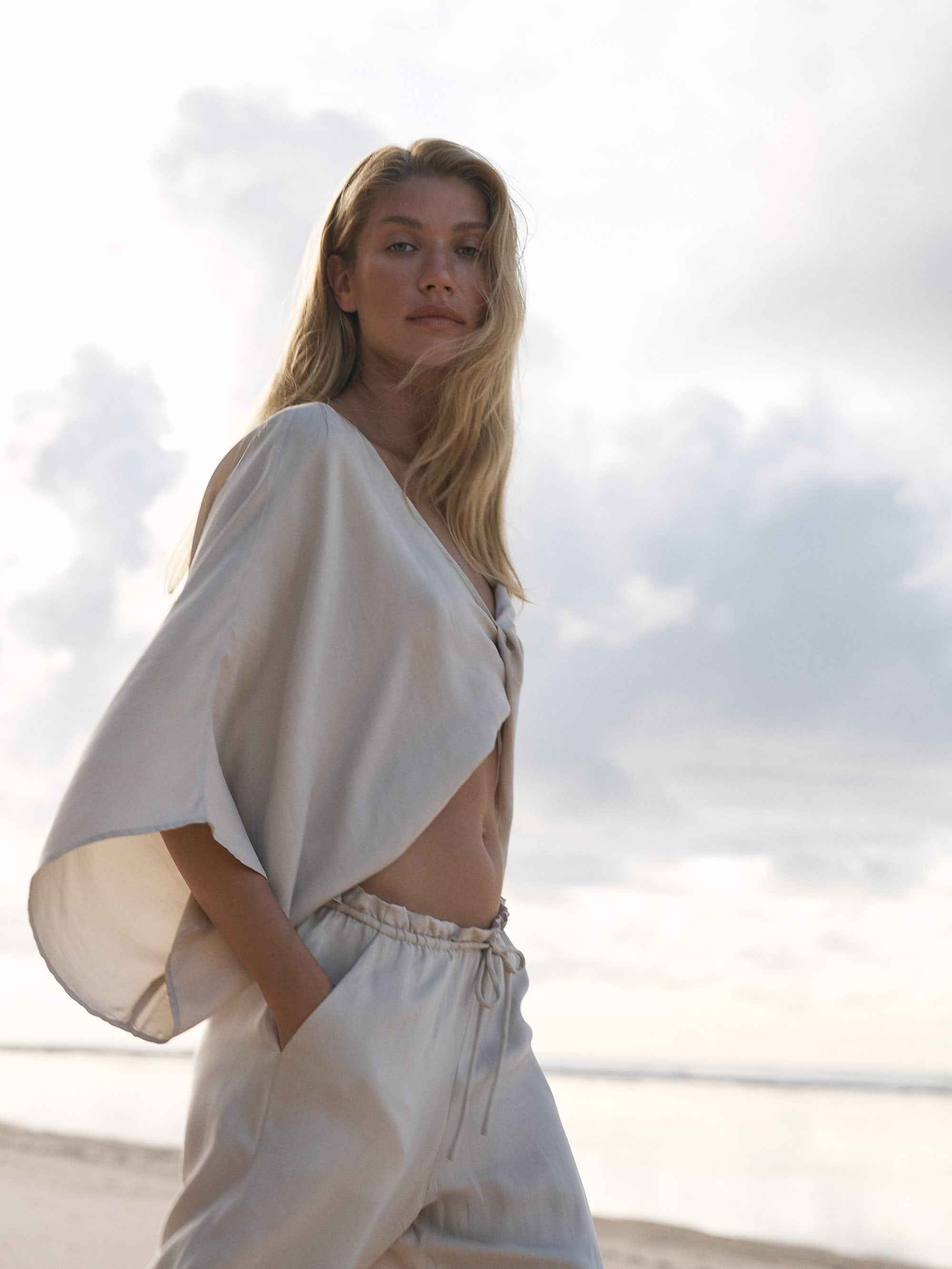 Lucid Knot Top in Sand - Wide-Sleeve Elegant Twist-Front Blouse