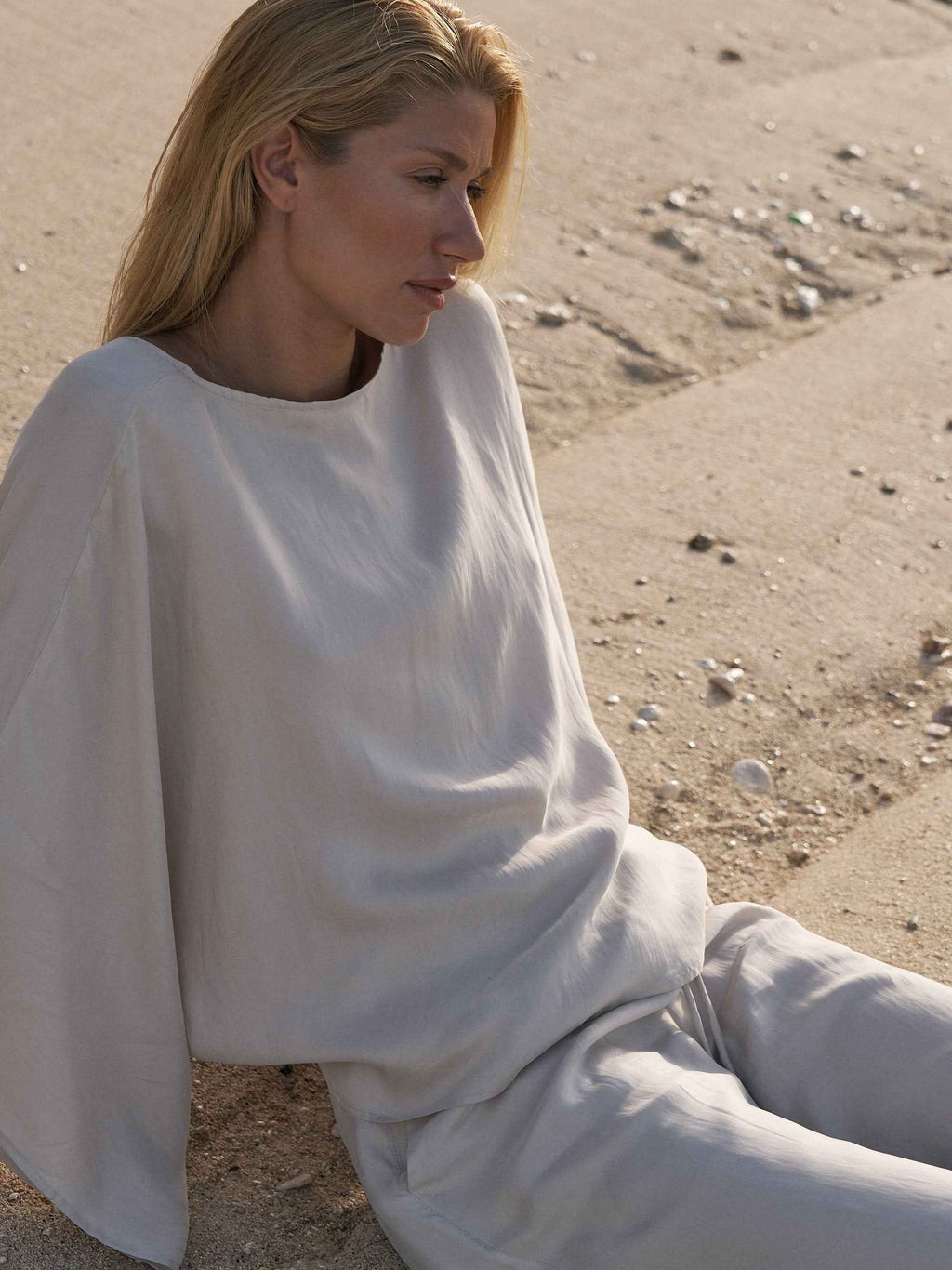 Lucid Knot Top in Sand - Wide-Sleeve Elegant Twist-Front Blouse