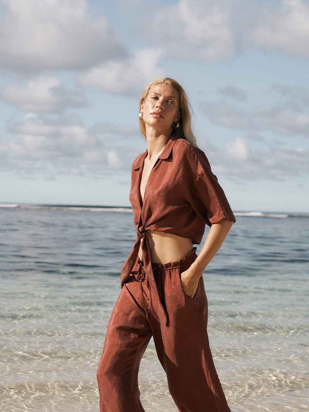 Lucid Flow Tie Pants in Burgundy with Adjustable Waist and Wide Leg Silhouette