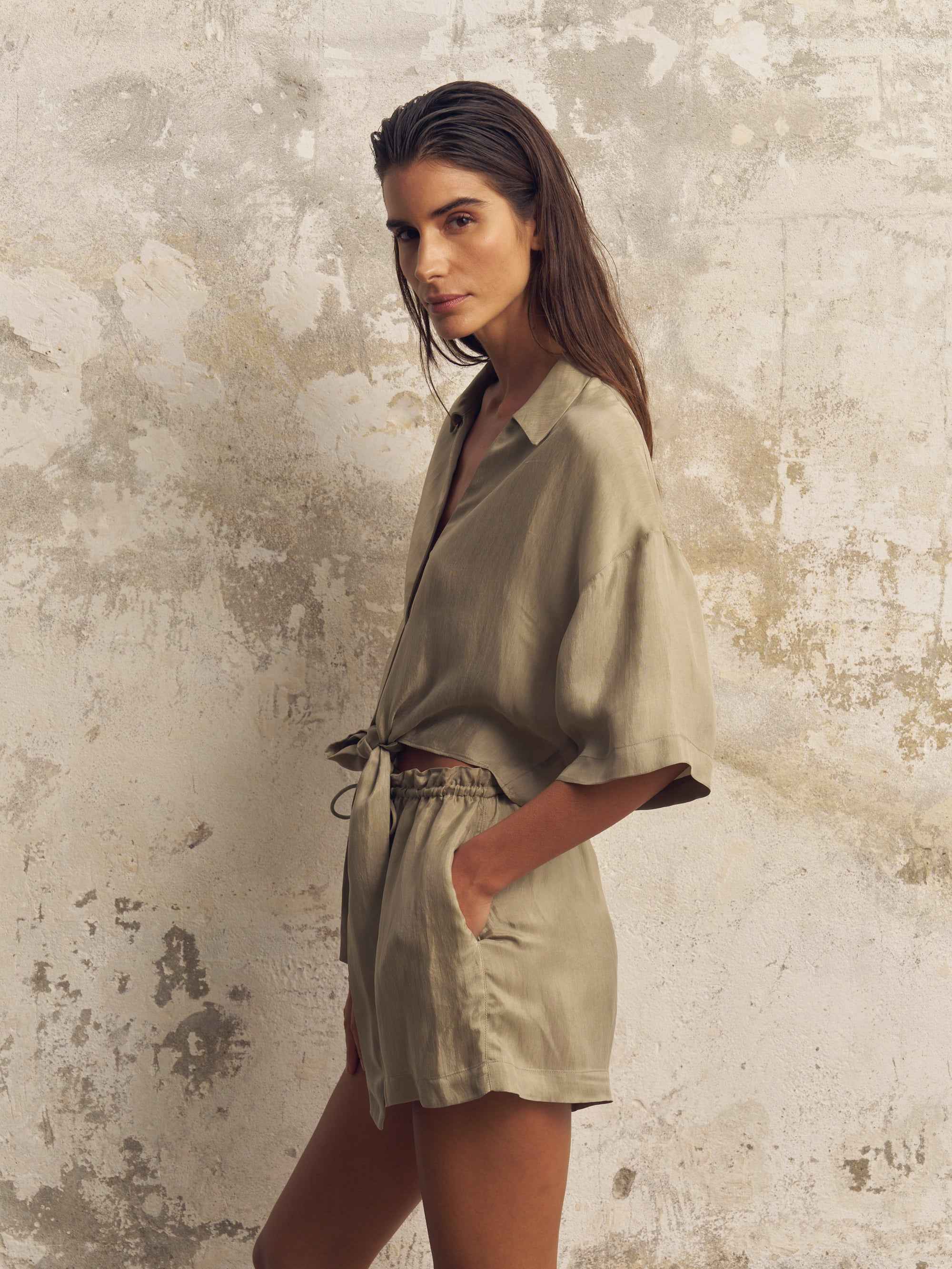 Lucid Tie-Front Shirt in Khaki Green