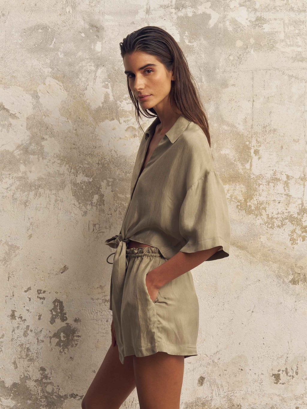 Lucid Flow Tie Shorts in Khaki Green