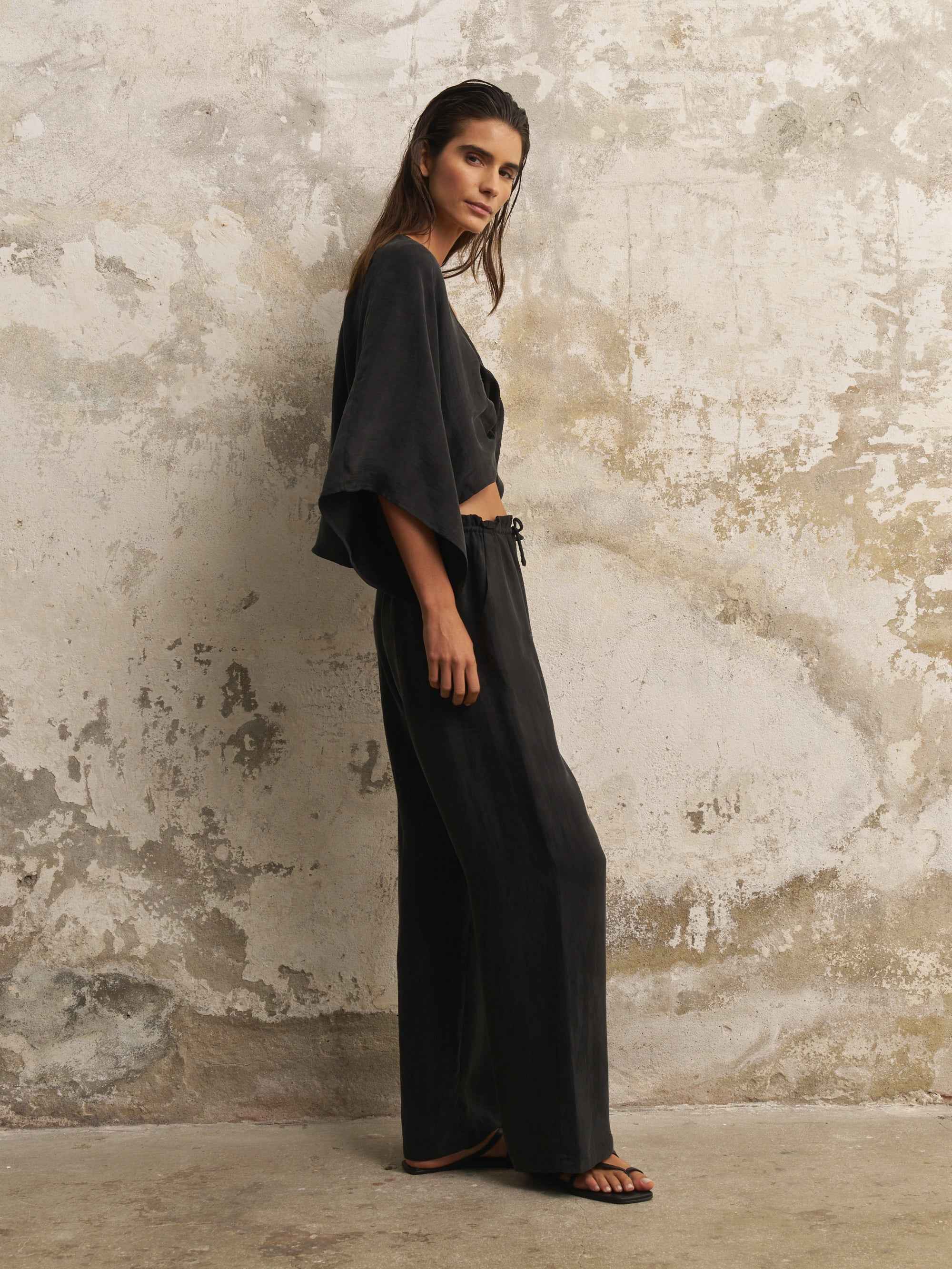 Lucid Flow Tie Pants in Black – Mid-Rise, Wide-Leg Relaxed Fit with Elastic Waistband and Adjustable Drawstrings