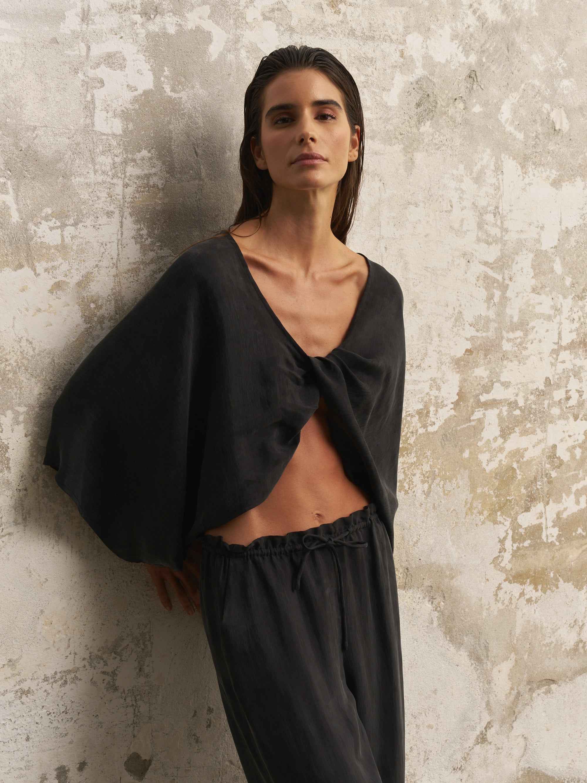 Lucid Knot Top in Black - Wide Sleeve, Twist Front Detail, Premium TENCEL™ Luxe & ECOVISCOSE Fabric, One Size