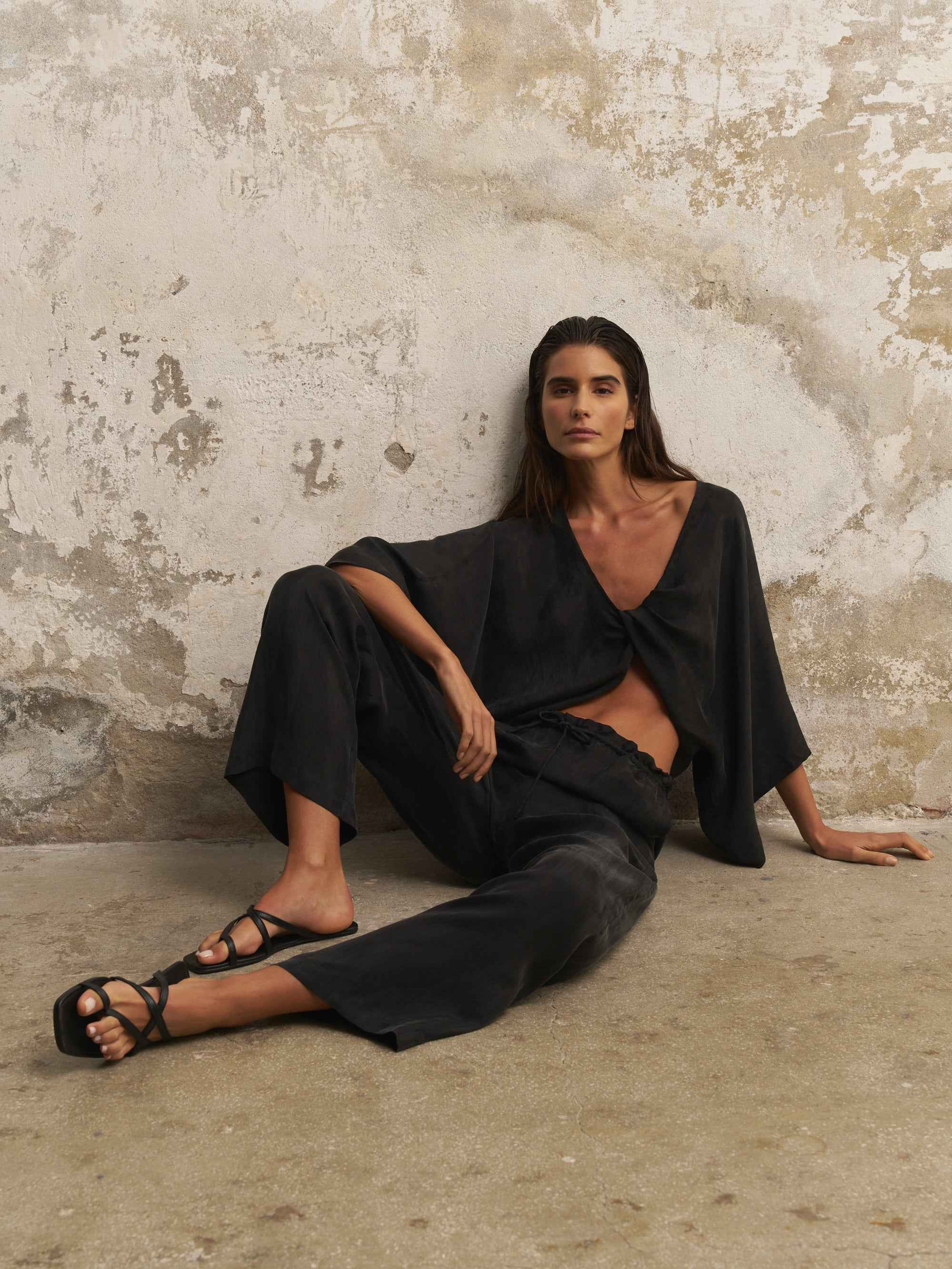 Lucid Flow Tie Pants in Black – Mid-Rise, Wide-Leg Relaxed Fit with Elastic Waistband and Adjustable Drawstrings