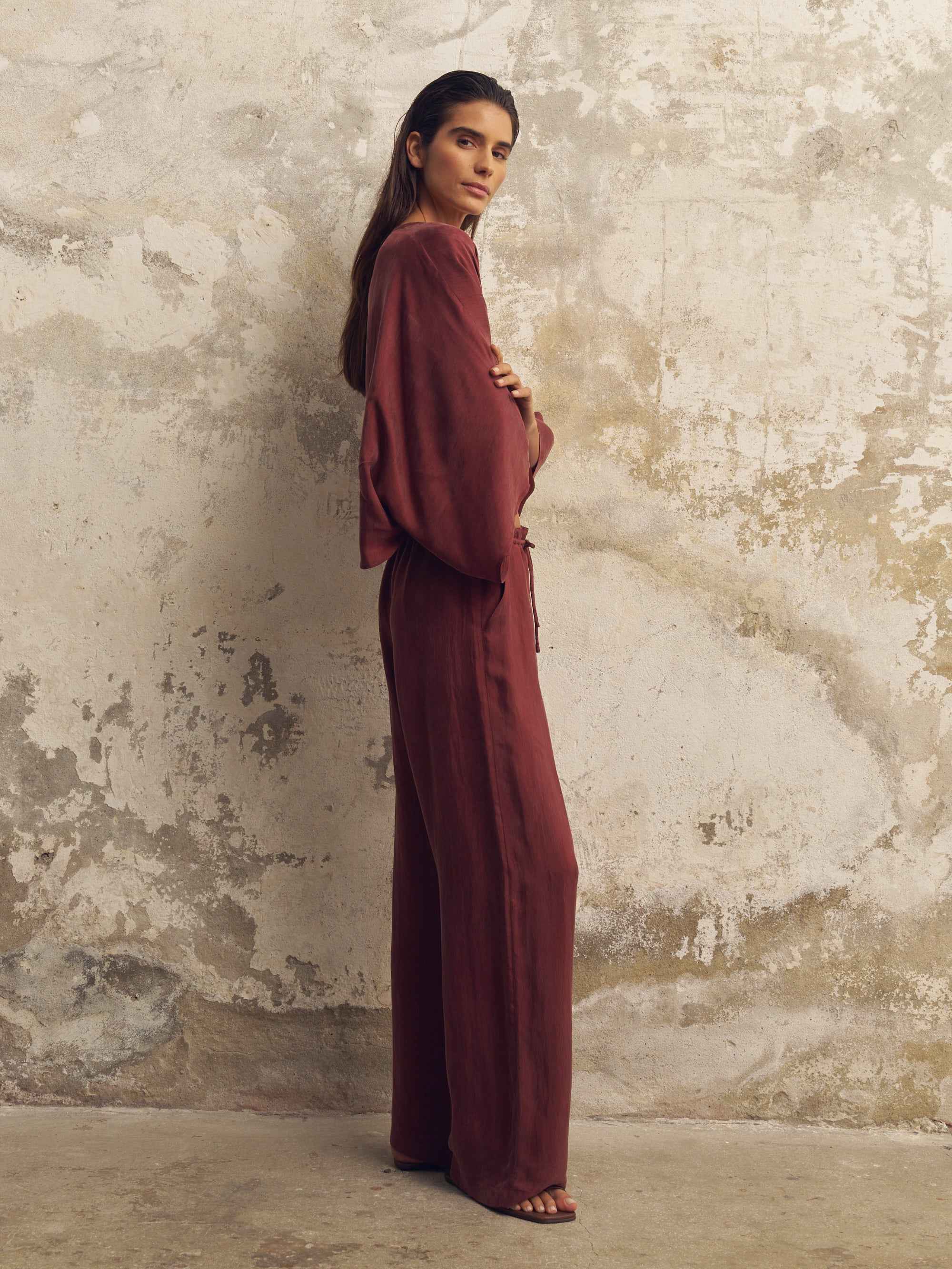 Lucid Flow Tie Pants in Burgundy with Adjustable Waist and Wide Leg Silhouette