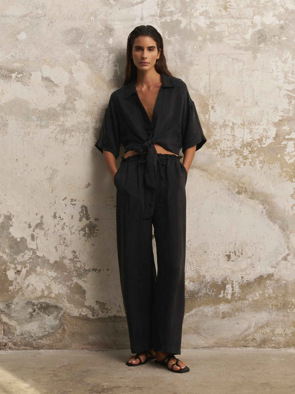 Lucid Flow Tie Pants in Black – Mid-Rise, Wide-Leg Relaxed Fit with Elastic Waistband and Adjustable Drawstrings