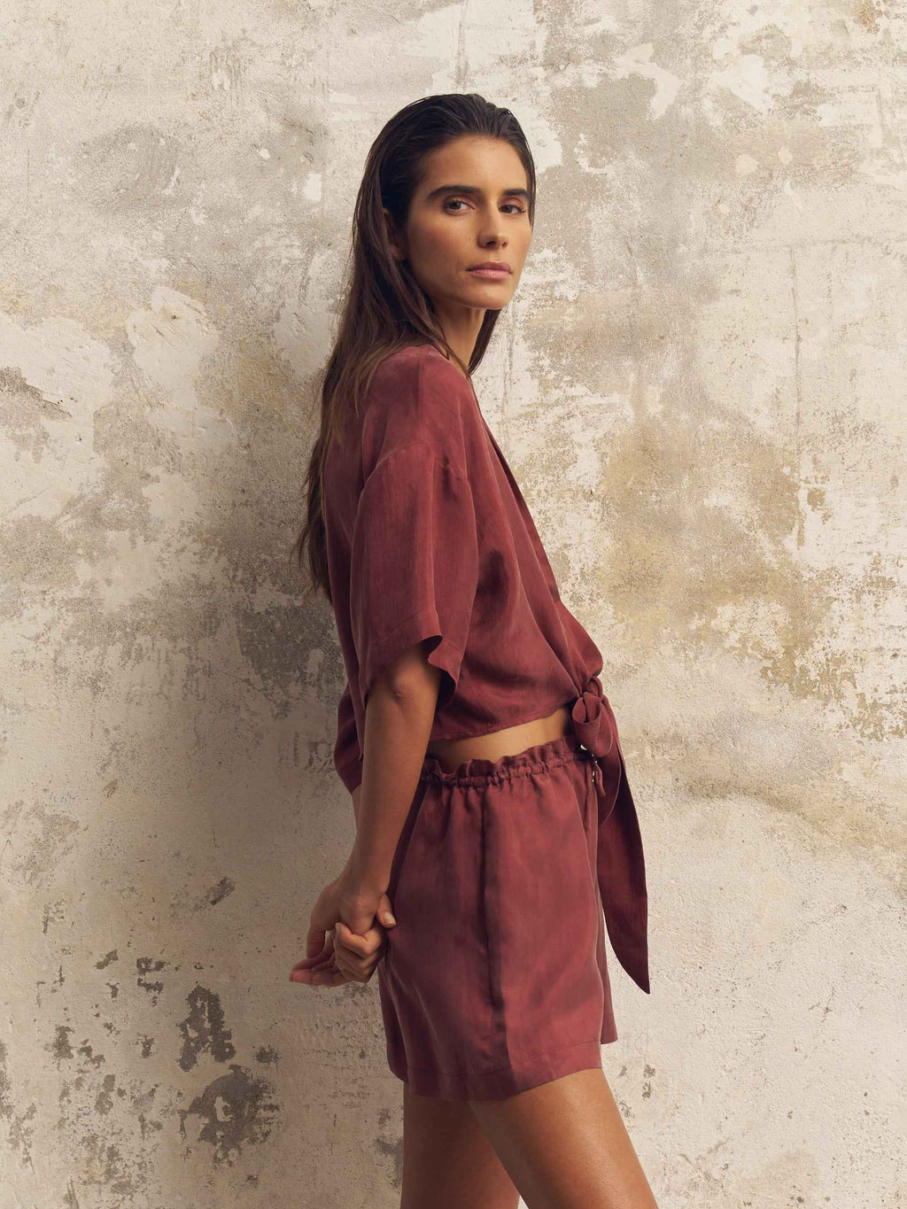 Lucid Flow Tie Shorts in Burgundy