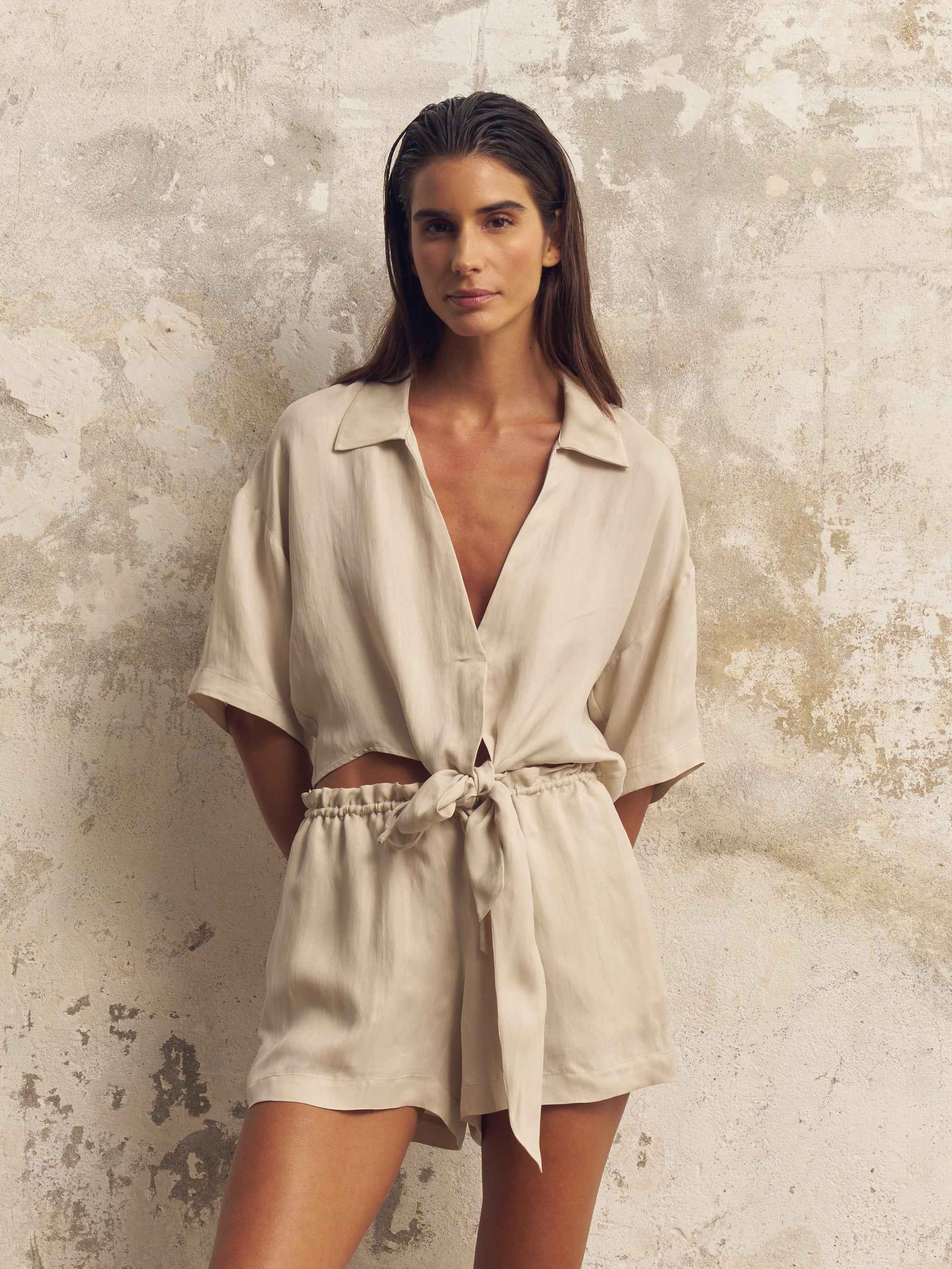 Lucid Flow Tie Shorts in Sand - Lightweight, Breathable Relaxed-Fit Shorts with Drawstring Waist and Side Pockets