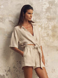 Lucid Flow Tie Shorts in Sand - Lightweight, Breathable Relaxed-Fit Shorts with Drawstring Waist and Side Pockets