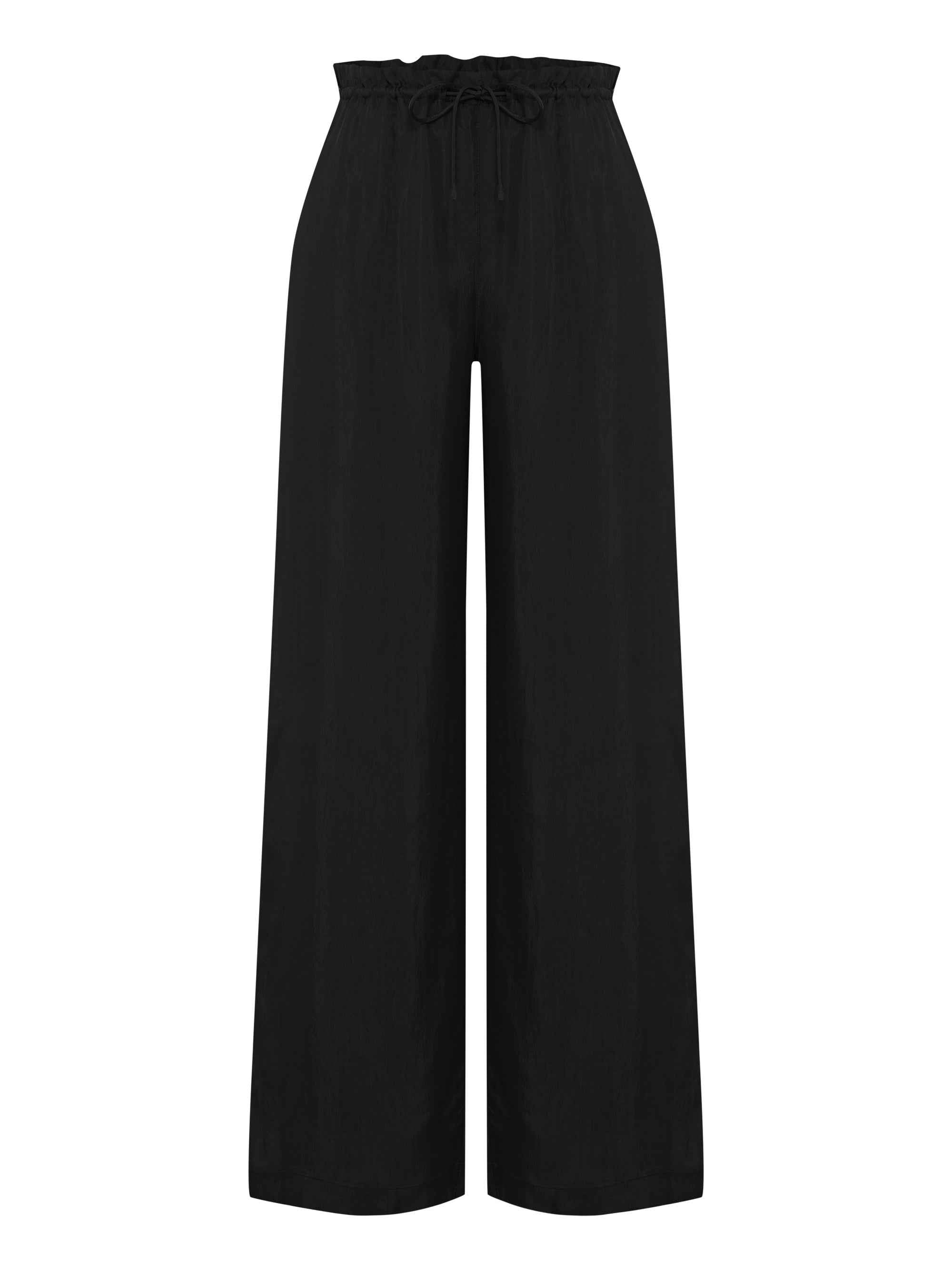 Lucid Flow Tie Pants in Black – Mid-Rise, Wide-Leg Relaxed Fit with Elastic Waistband and Adjustable Drawstrings