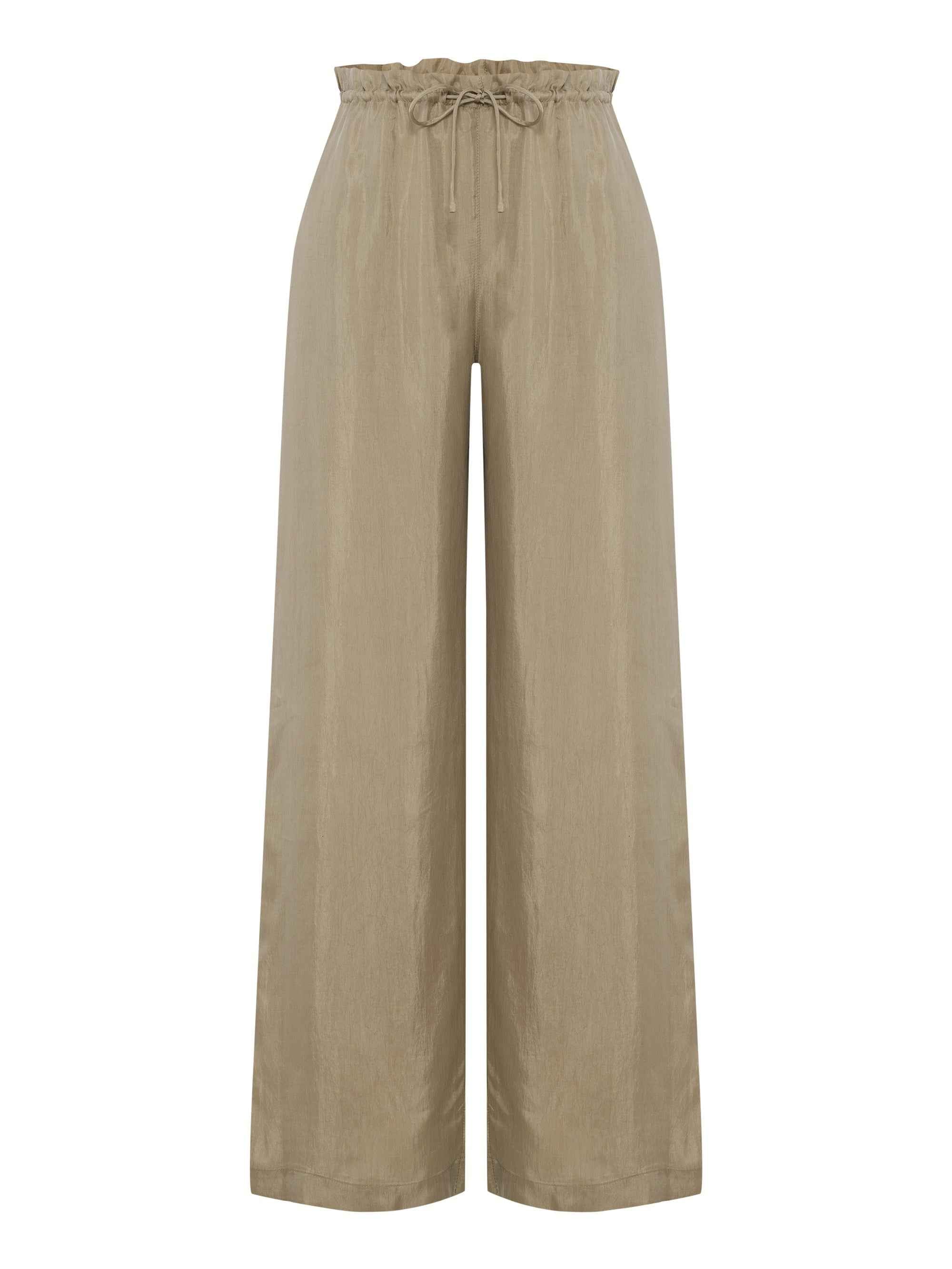 Lucid Flow Tie Pants in Khaki Green - Mid-Rise Wide-Leg TENCEL™ Luxe and ECOVISCOSE Fabric with Adjustable Drawstring Waist and Side Pockets