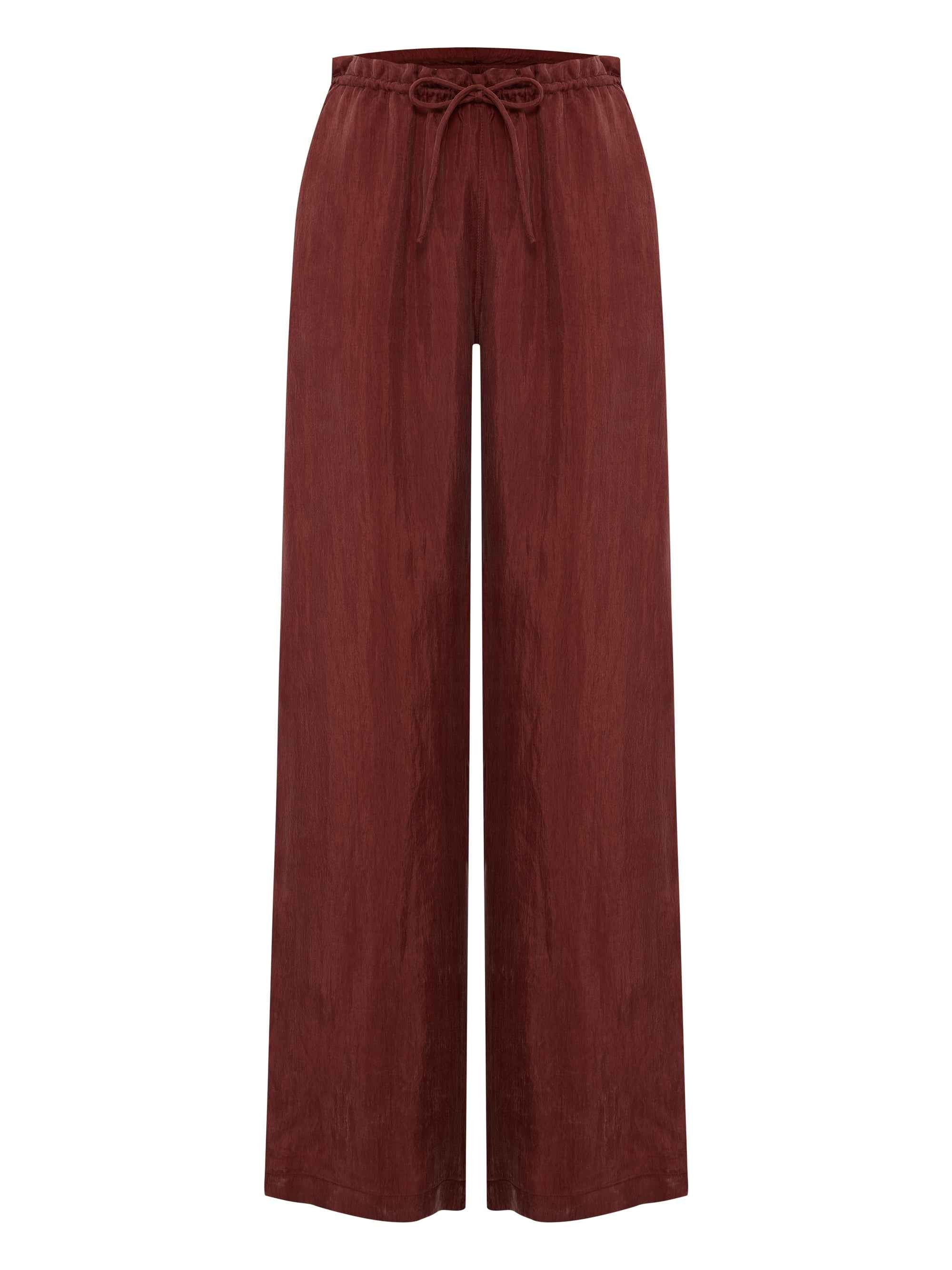 Lucid Flow Tie Pants in Burgundy with Adjustable Waist and Wide Leg Silhouette